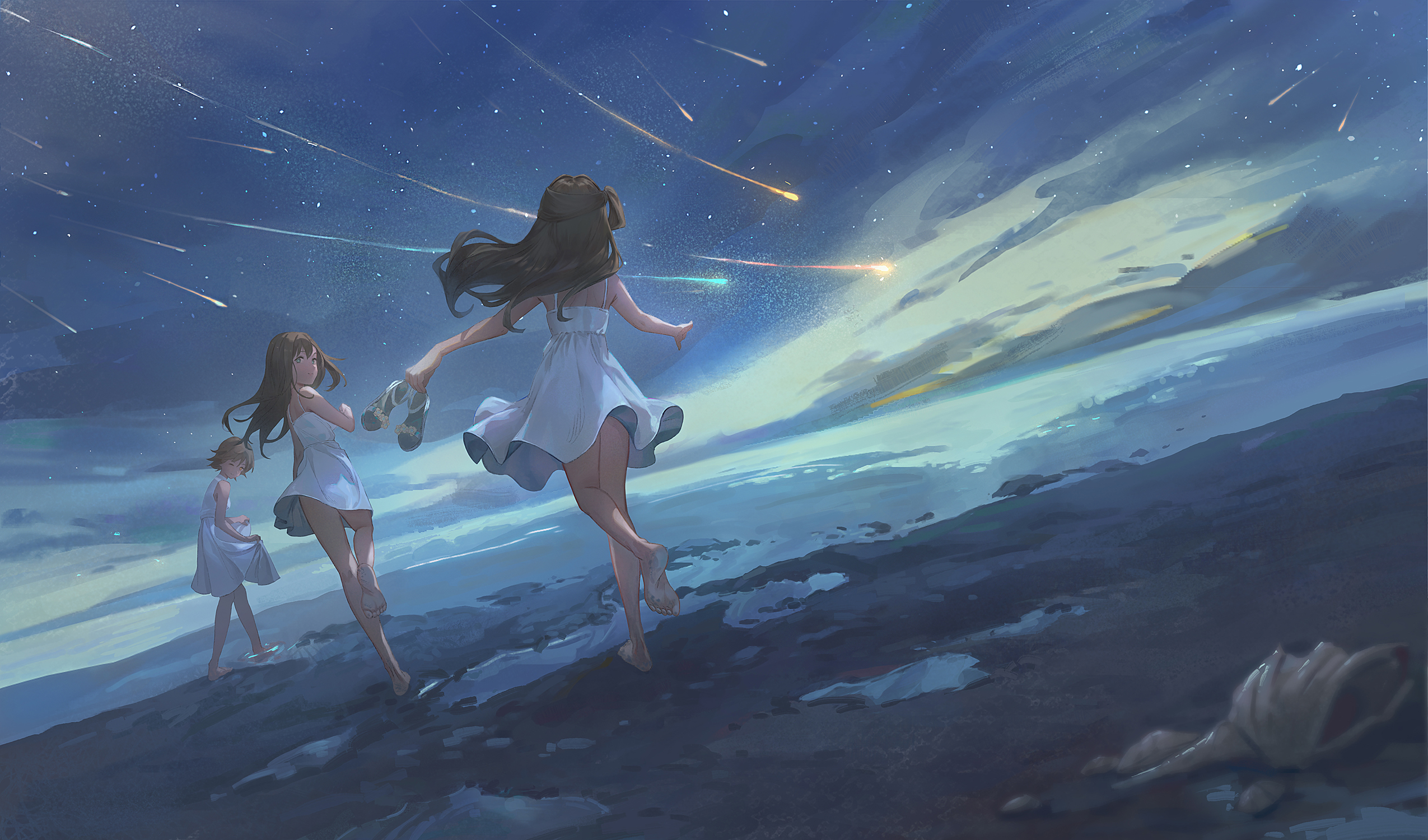 Anime Anime Girls THE IDOLM STER Cinderella Girls Shimamura Uzuki Shibuya Rin Barefoot Sea Sky Cloud 2550x1500