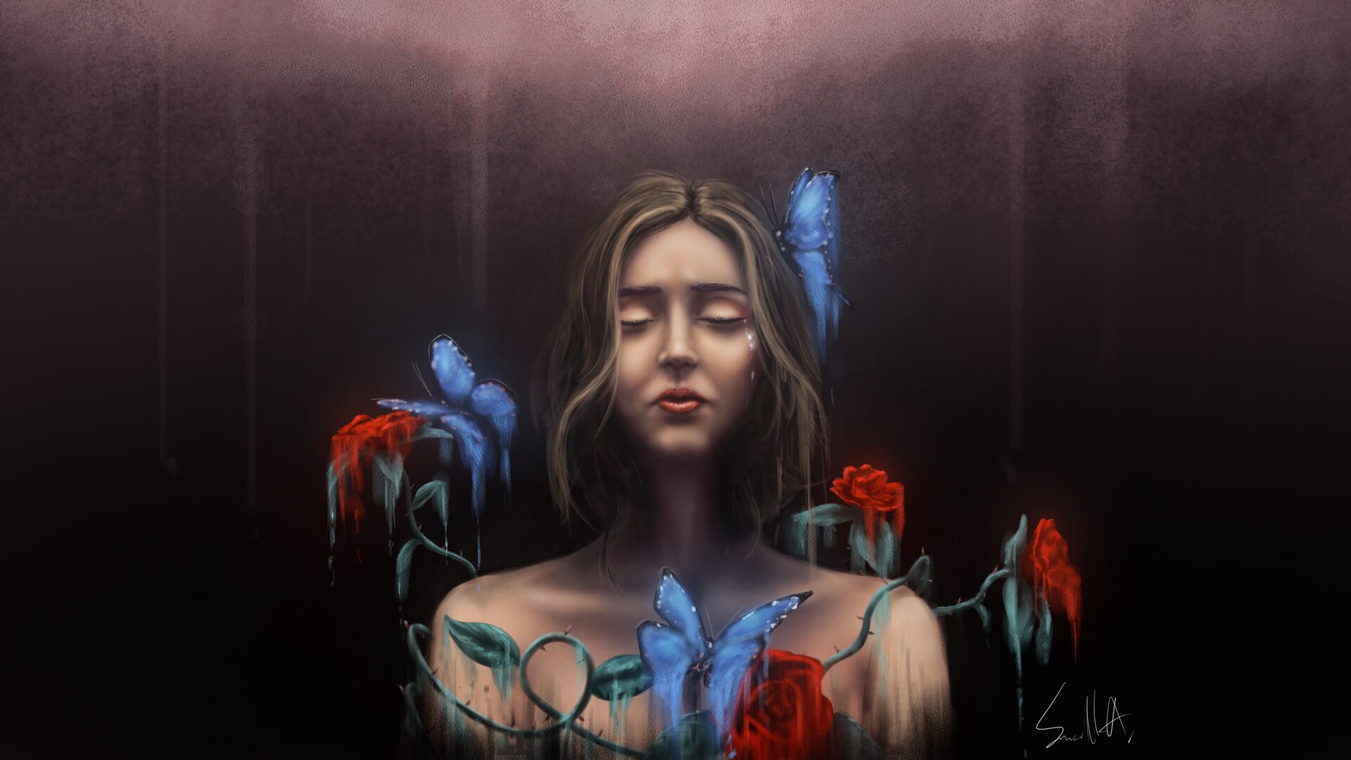 Small Alley Butterflies Butterfly Closed Eyes Closed Mouth Crying Woman Crying Roses Rose Leaves Hai 1920x1080