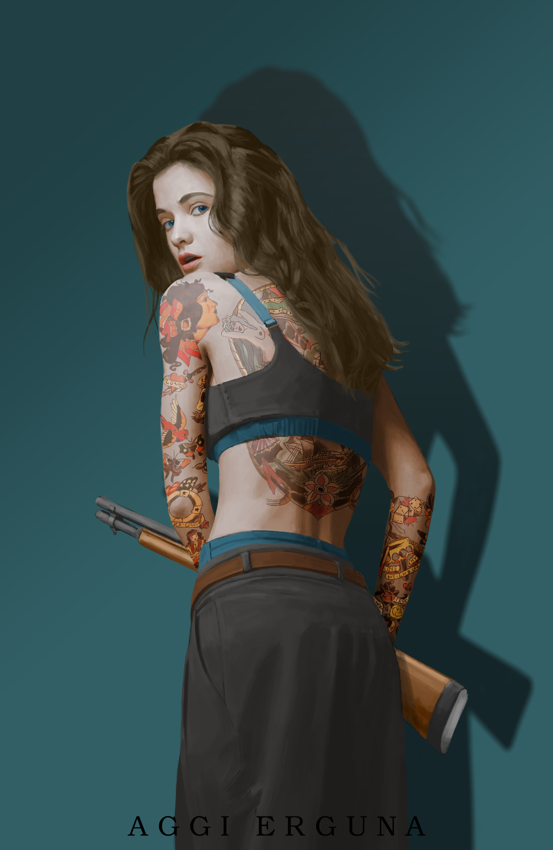 ArtStation Women Brunette Looking Back Blue Background Gun Portrait Display Tattoo Looking At Viewer 1920x2952