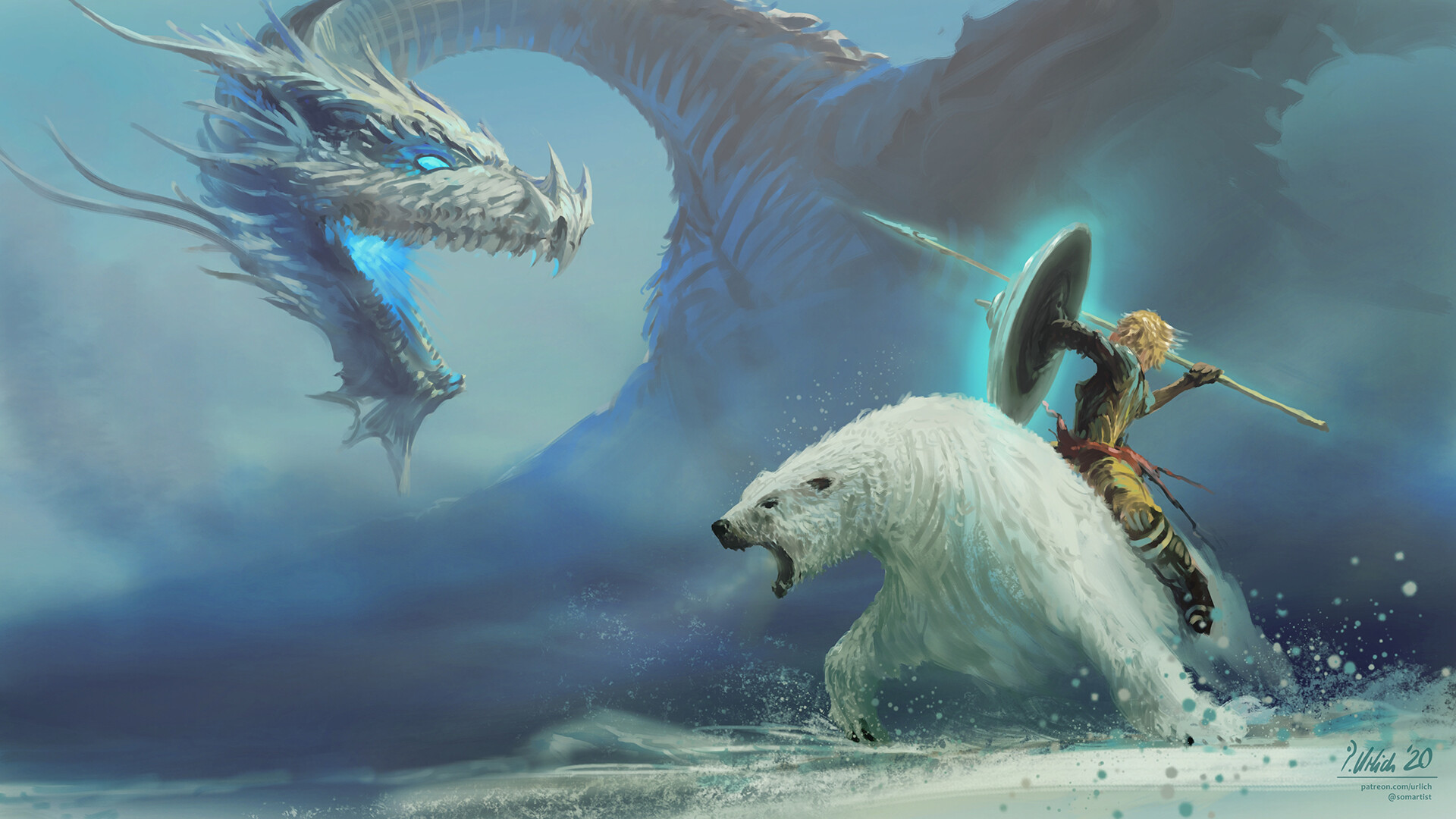 Fantasy Art Polar Bears Dragon Warrior Girls Winter Philipp A Ulrich 1920x1080