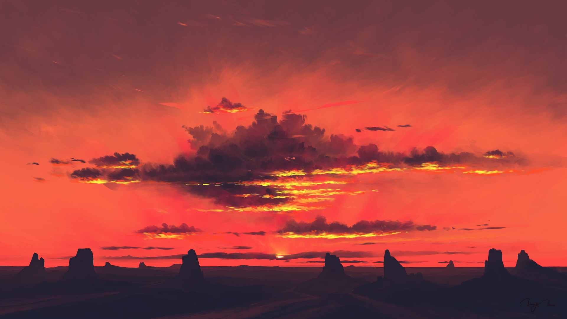 Digital Painting Landscape Sunset Clouds Red Sky BisBiswas 1920x1080