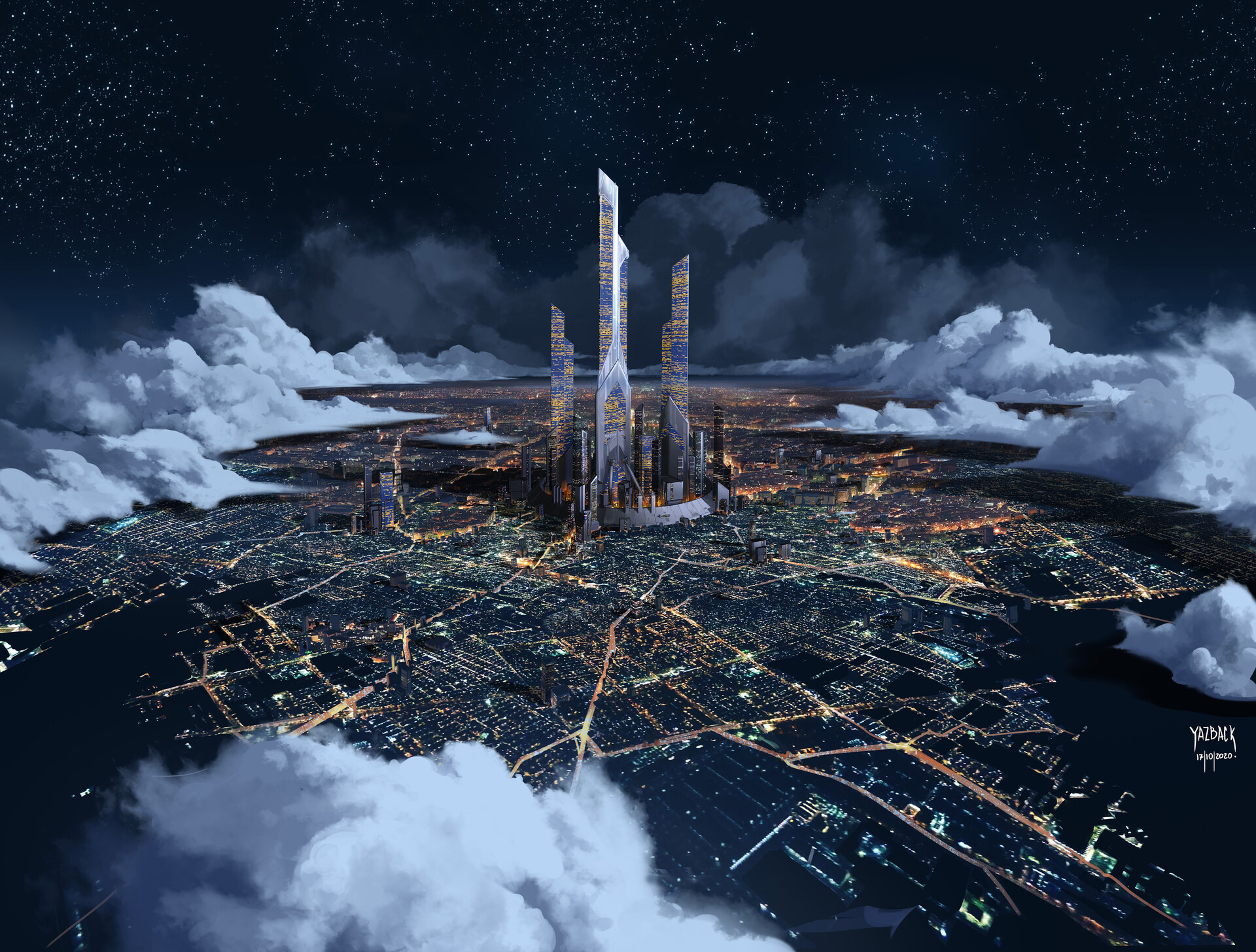 City Clouds Night Yazback Moya NightCity Stars Futurism Futuristic Digital Art Artwork 1920x1455