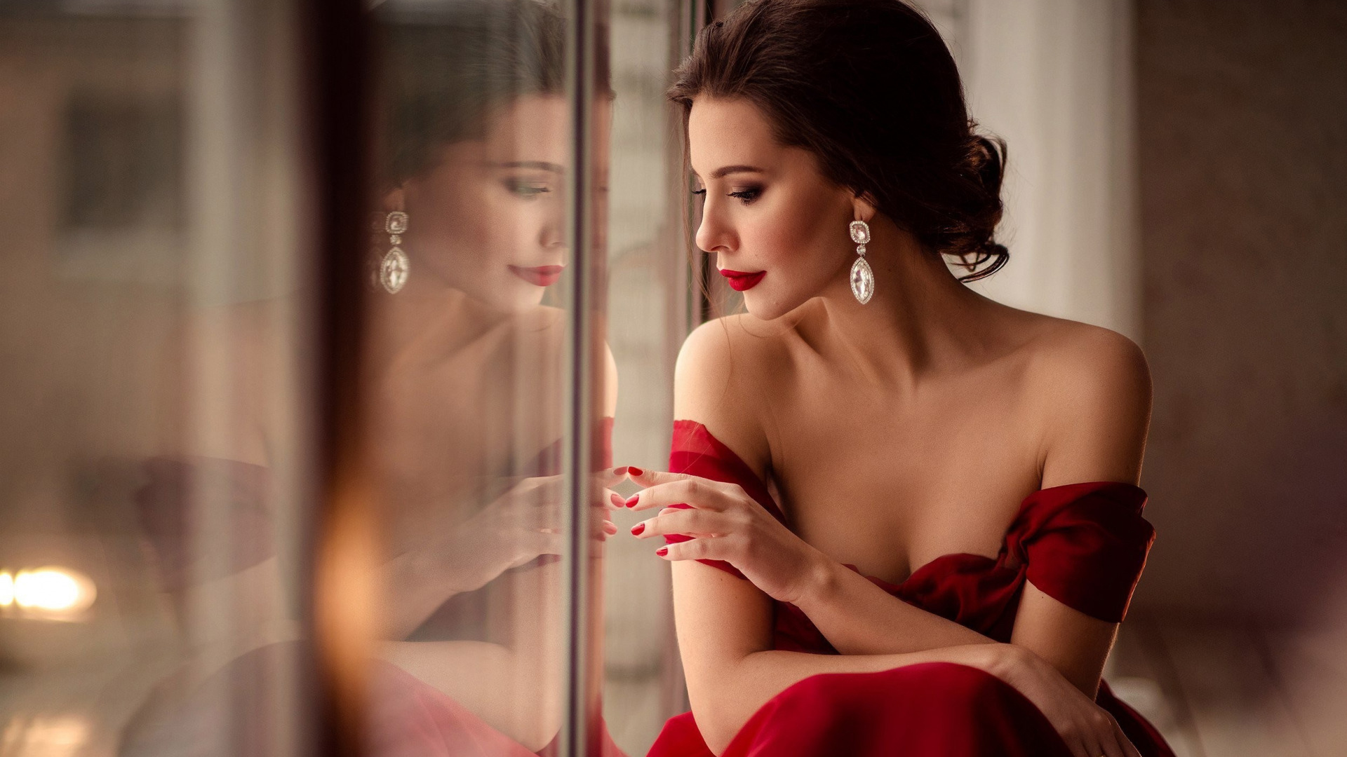 Brunette Long Earings Long Hair Reflection Red Dress Photography Bare Shoulders Earring Red Lipstick 1920x1080
