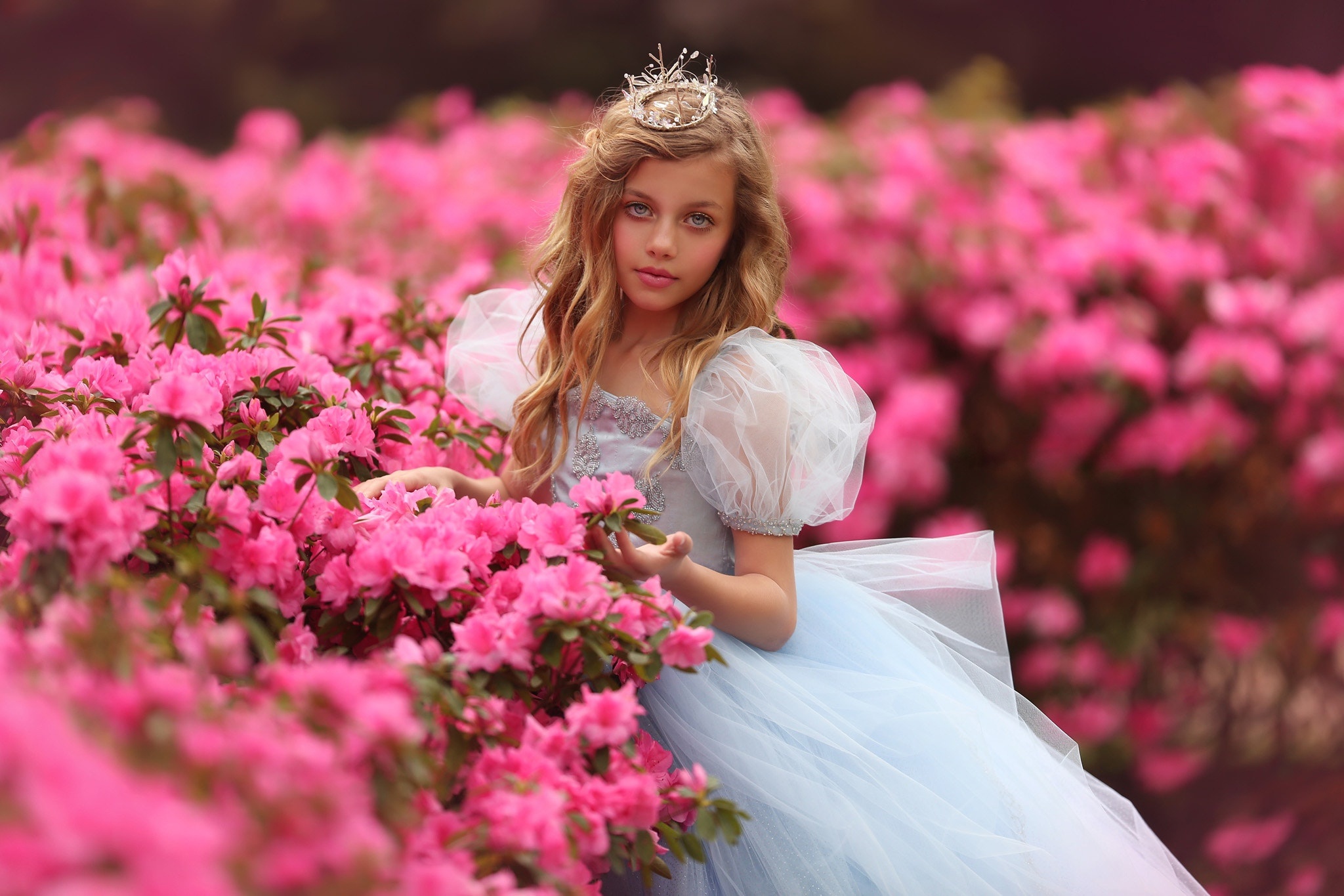 Blonde Child Crown Depth Of Field Dress Flower Girl Long Hair Pink Flower 2048x1365