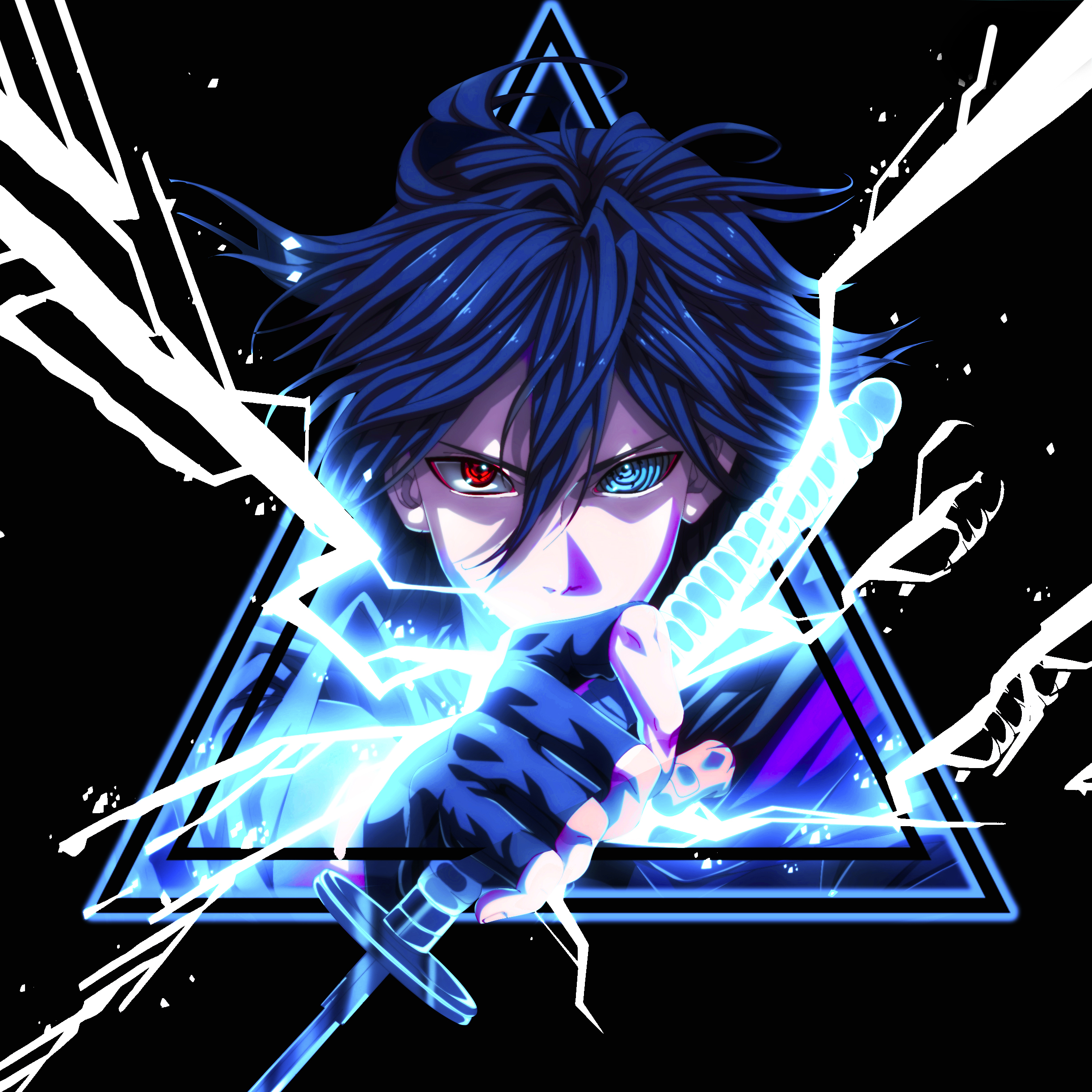 Uchiha Clan Uchiha Sasuke Digital Anime Heterochromia Looking At Viewer Blue Hair Sword Triangle Sim 2444x2444