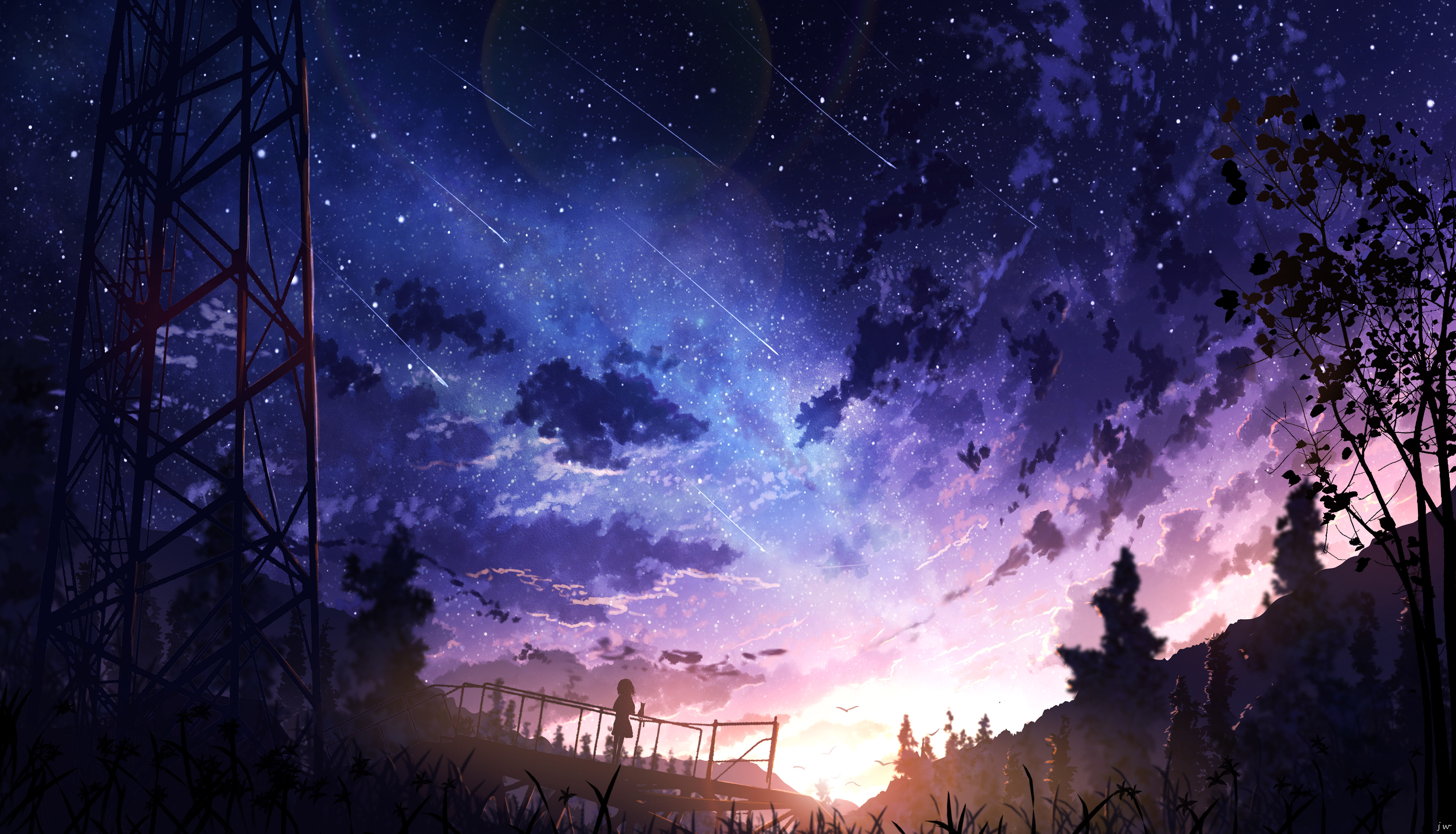 Anime Landscape Anime Girls Sunset Pixiv Fantasia Sky Stars Meteors 4872x2791