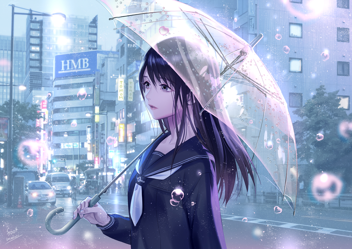 Anime Girls Umbrella Midori Foo School Uniform Rain Anime Road Water Drops Dark Hair Dark Eyes 1344x950