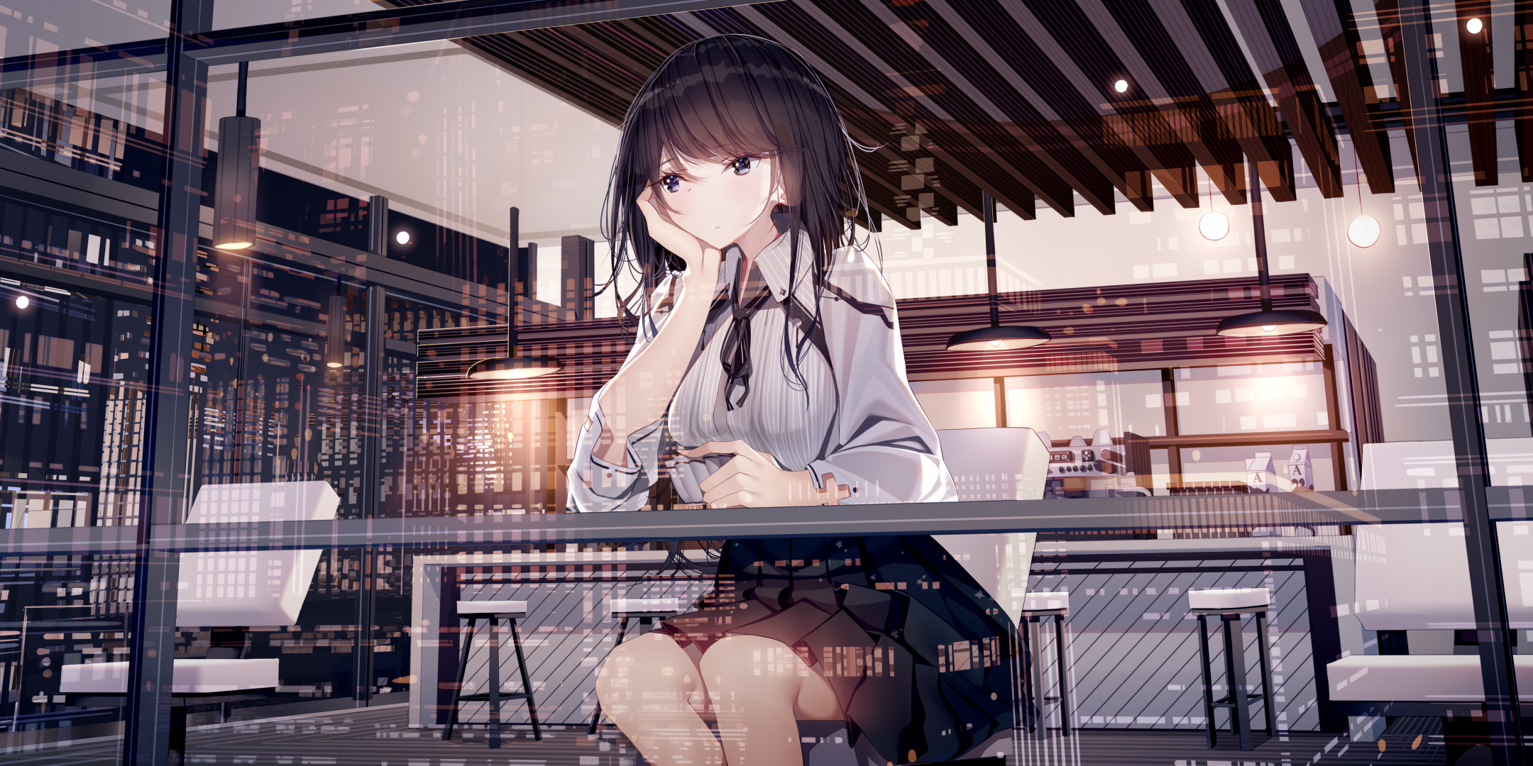 Anime Anime Girls Digital Art Artwork 2D Atha Cafe Reflection 2160x1080