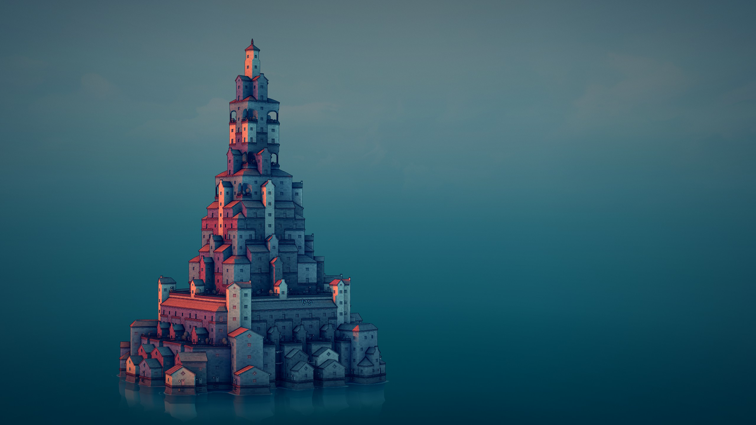 Townscaper Tower Skyline Digital Art Video Game Art Video Games Architecture Minimalism 2560x1440