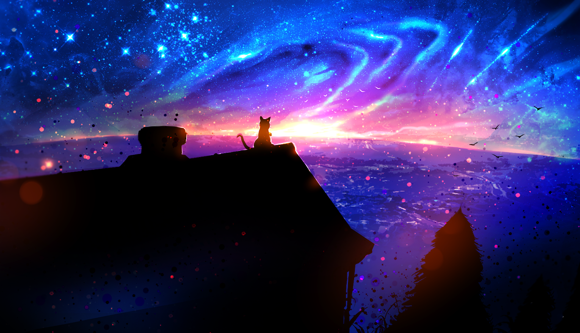 Cat Fantasy House Light Sky Stars Sunset 1853x1063