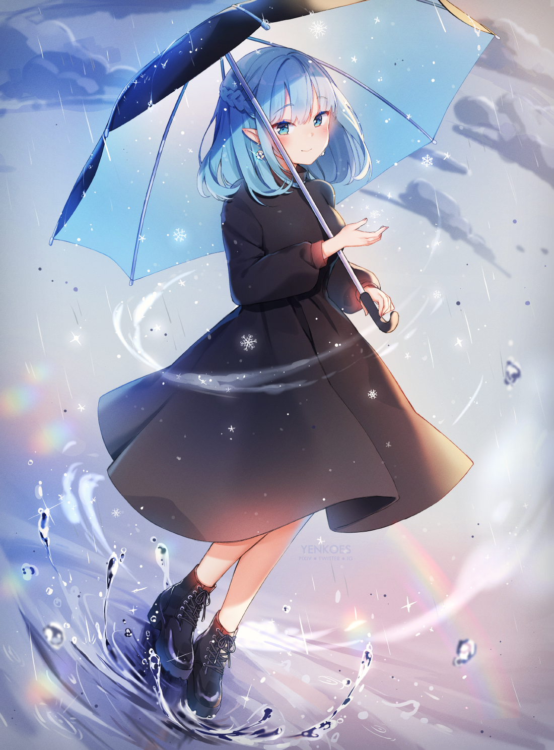 Anime Girls Original Characters Yennineii Umbrella Blue Hair Blue Eyes Pointy Ears Dress Rain 1100x1488