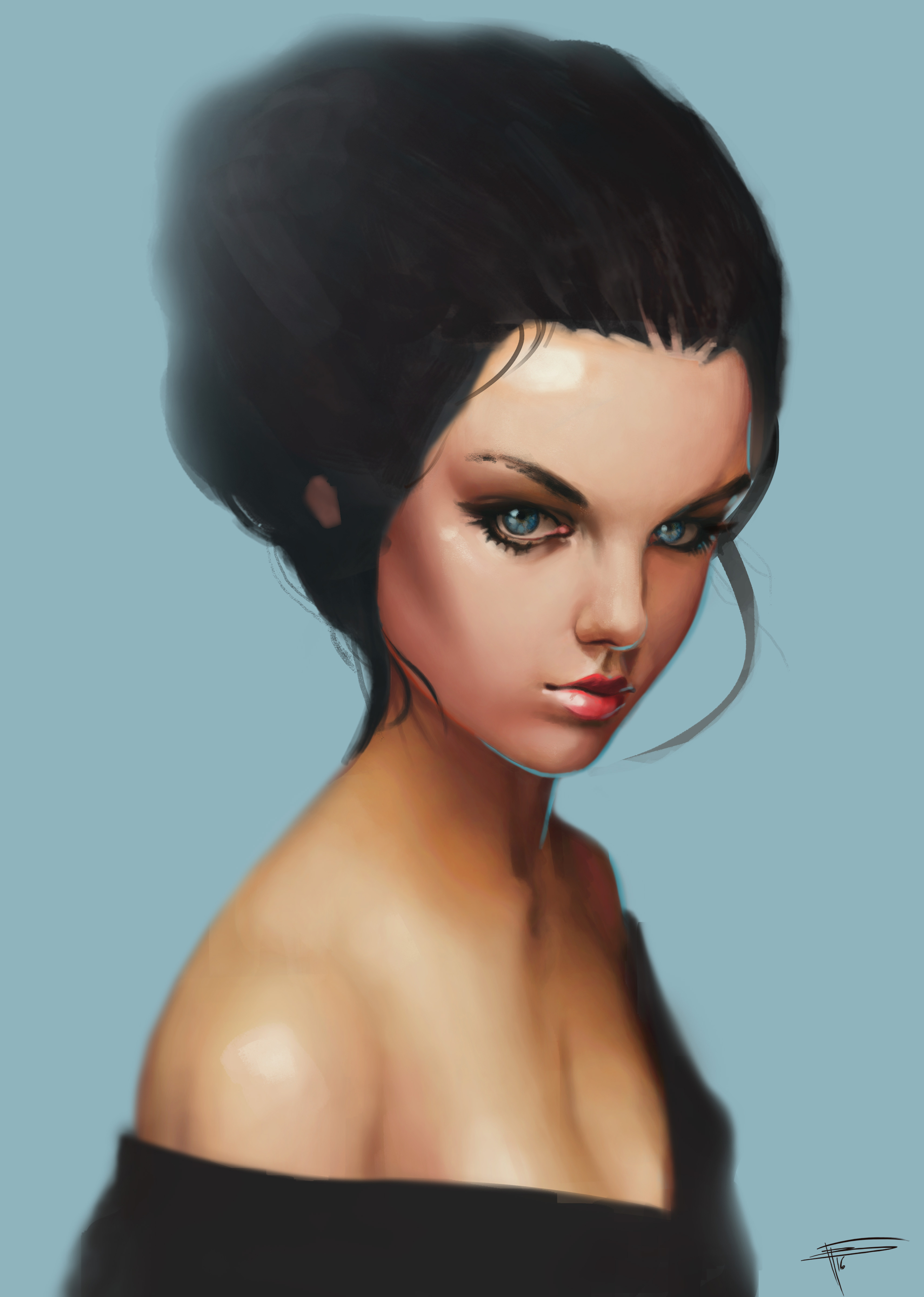 ArtStation Drawing Bare Shoulders Dark Hair Portrait Portrait Display Blue Eyes Women Blue Backgroun 3419x4800