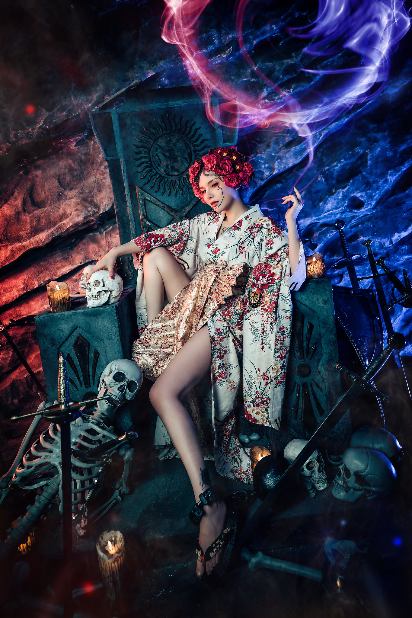 Asian Women Model Skeleton Legs Looking At Viewer Flower Crown Makeup Sword Skull Kimono 1365x2047
