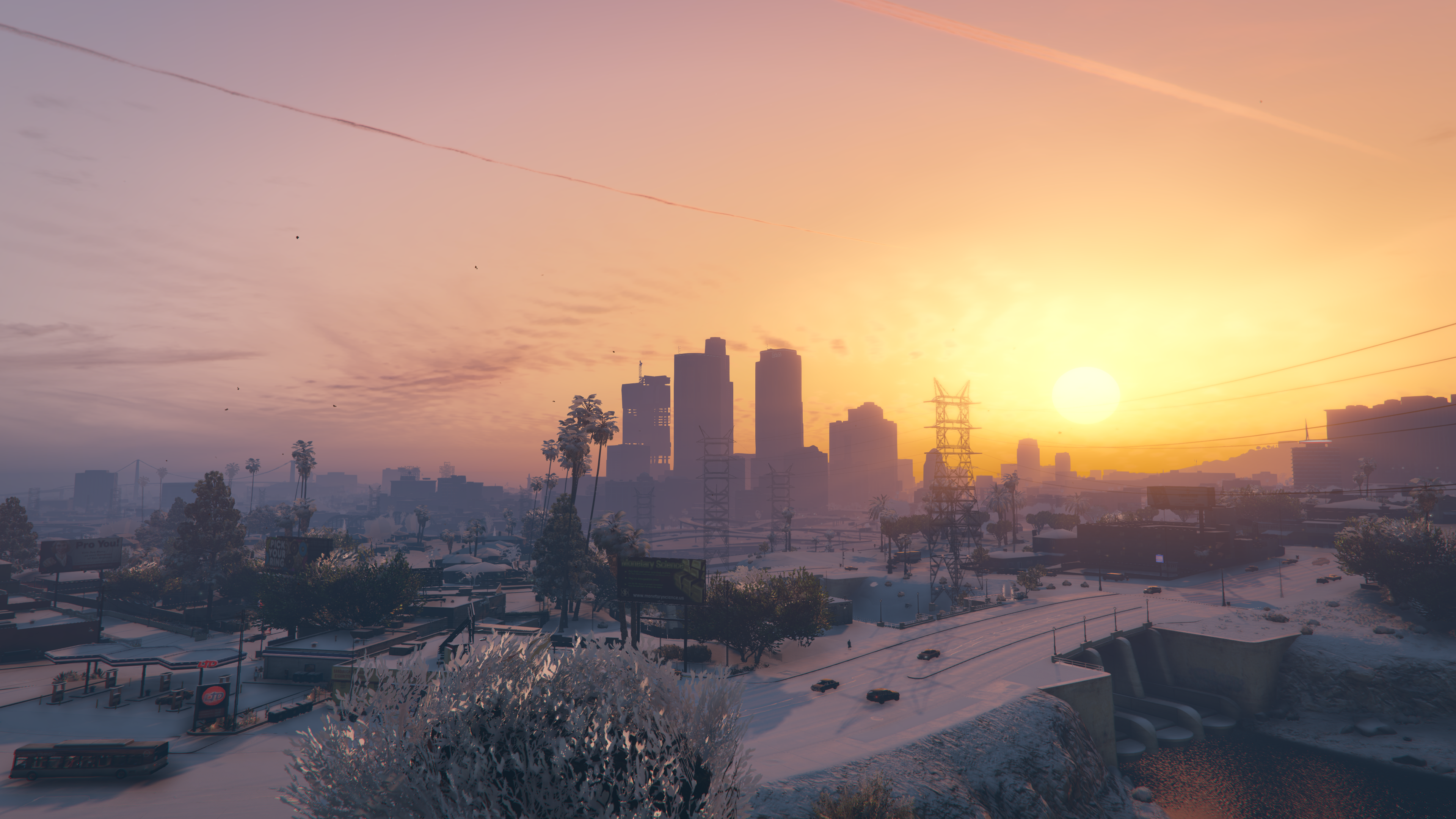 Los Angeles Grand Theft Auto V Snow Water Sunset City Screen Shot 3840x2160