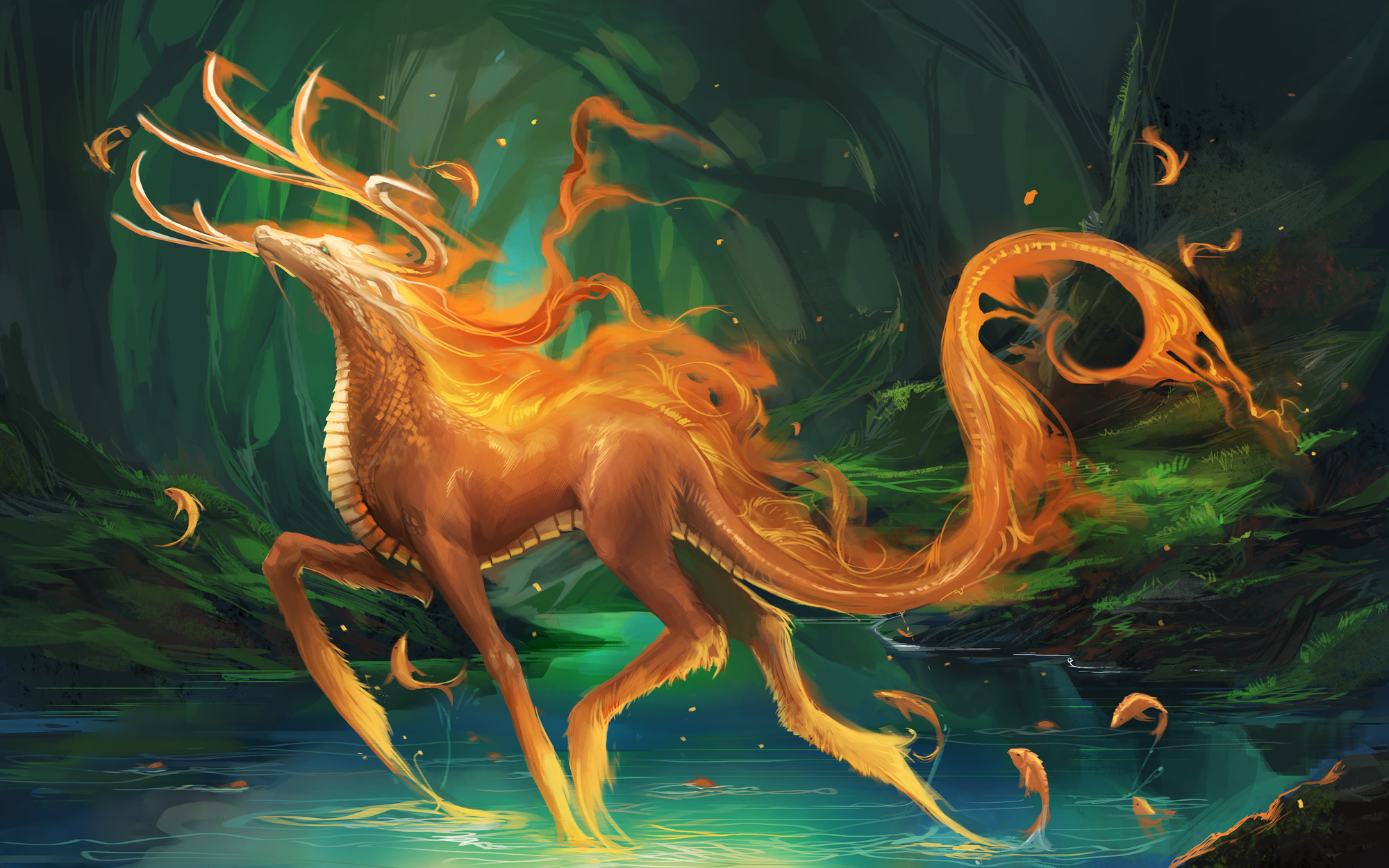 Digital Art Fantasy Art Forest River Fish Trees Fictional Creatures Fire Dragon 2000x1250