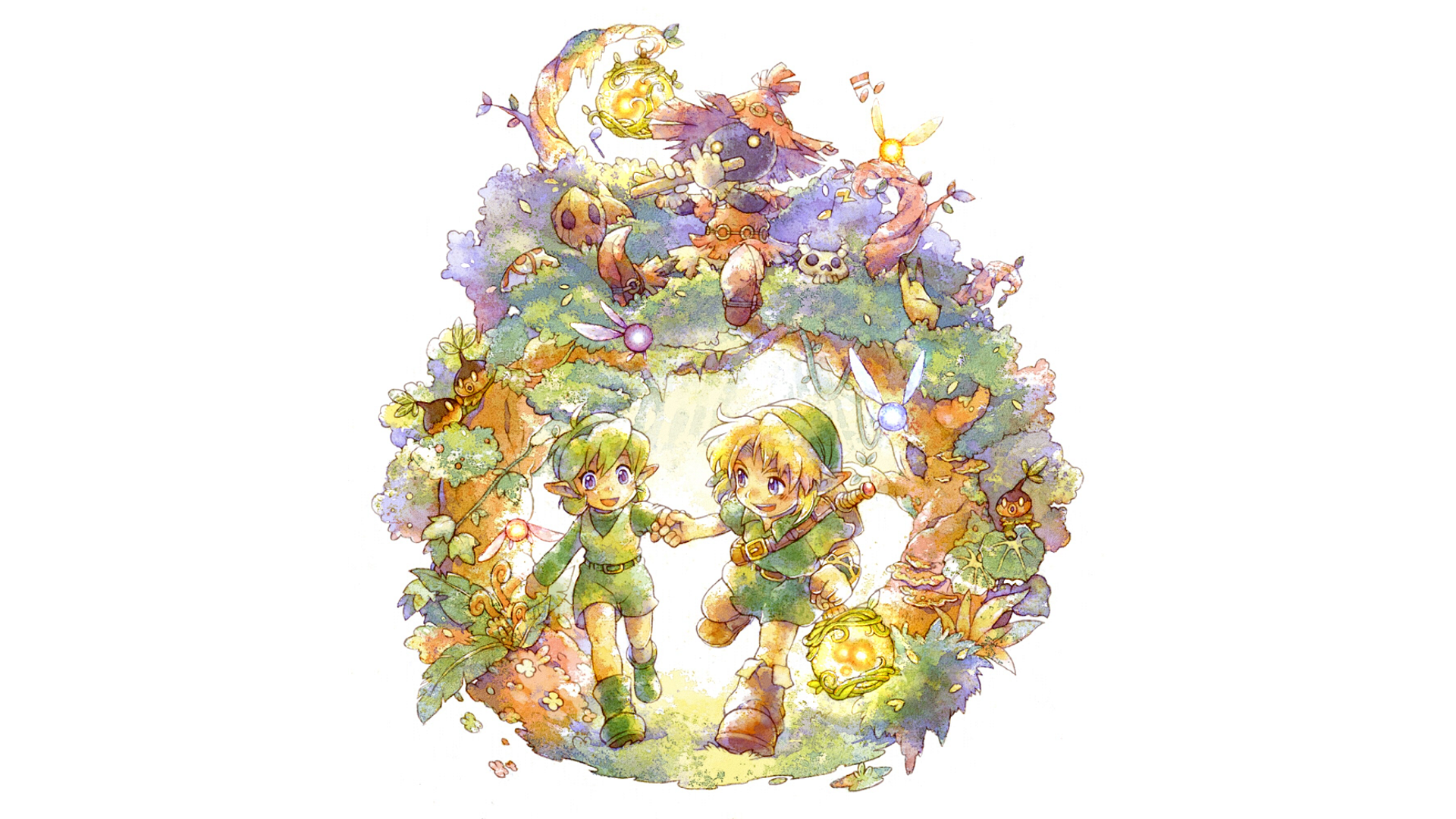 Link Saria Skull Kid The Legend Of Zelda Watercolor Anime Lost Woods White Background 1920x1080