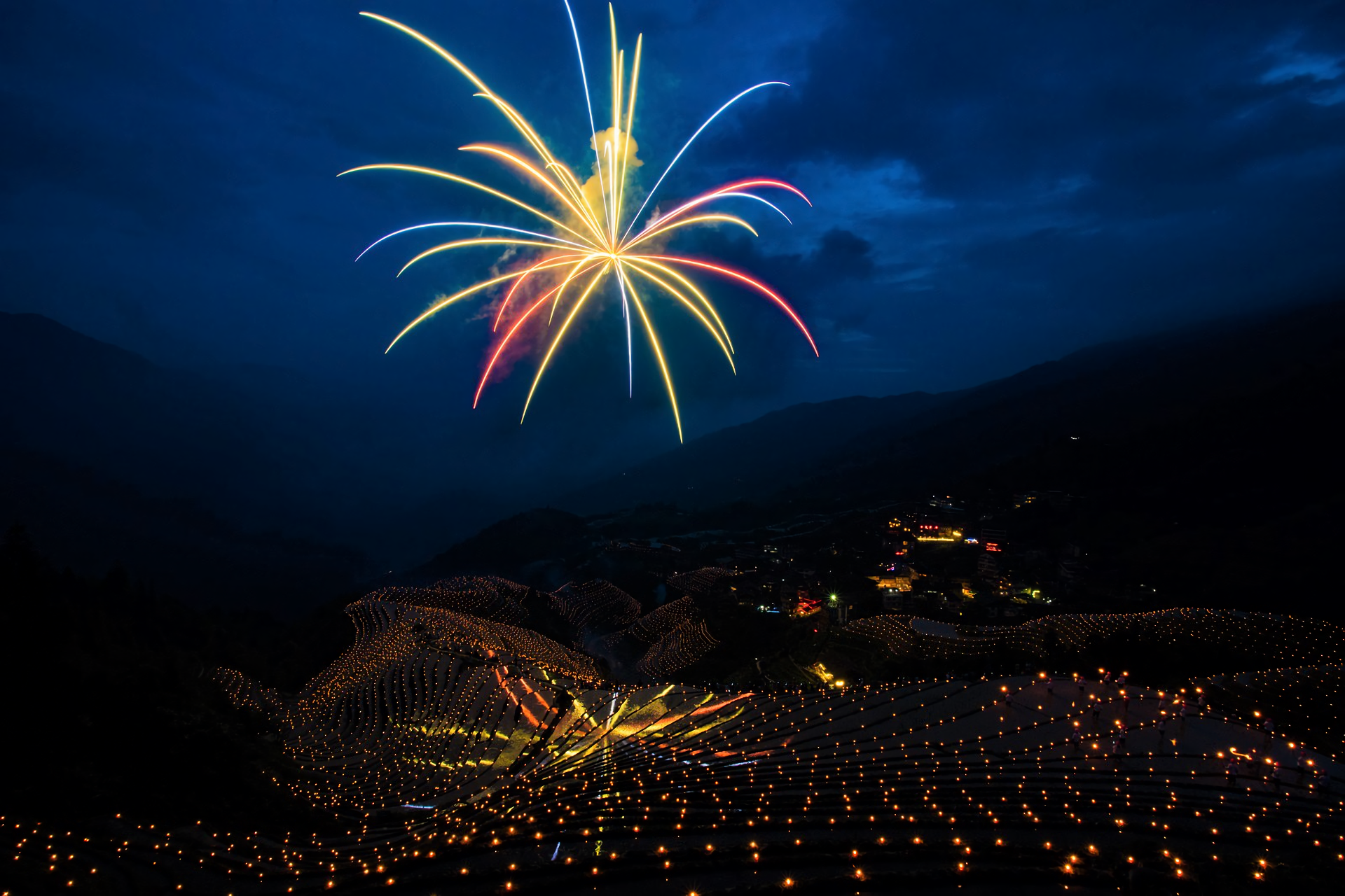 Colorful Fireworks Landscape Mountain Night Village 1920x1280
