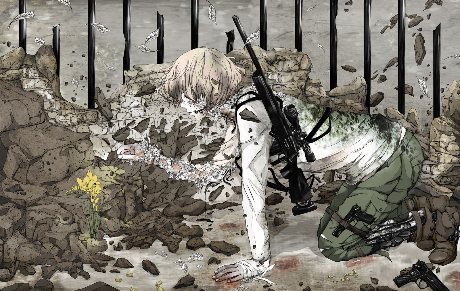 Anime Anime Boys Gun Rocks Rifles Flowers Bandage Short Hair Ruins Leaves 1600x1015