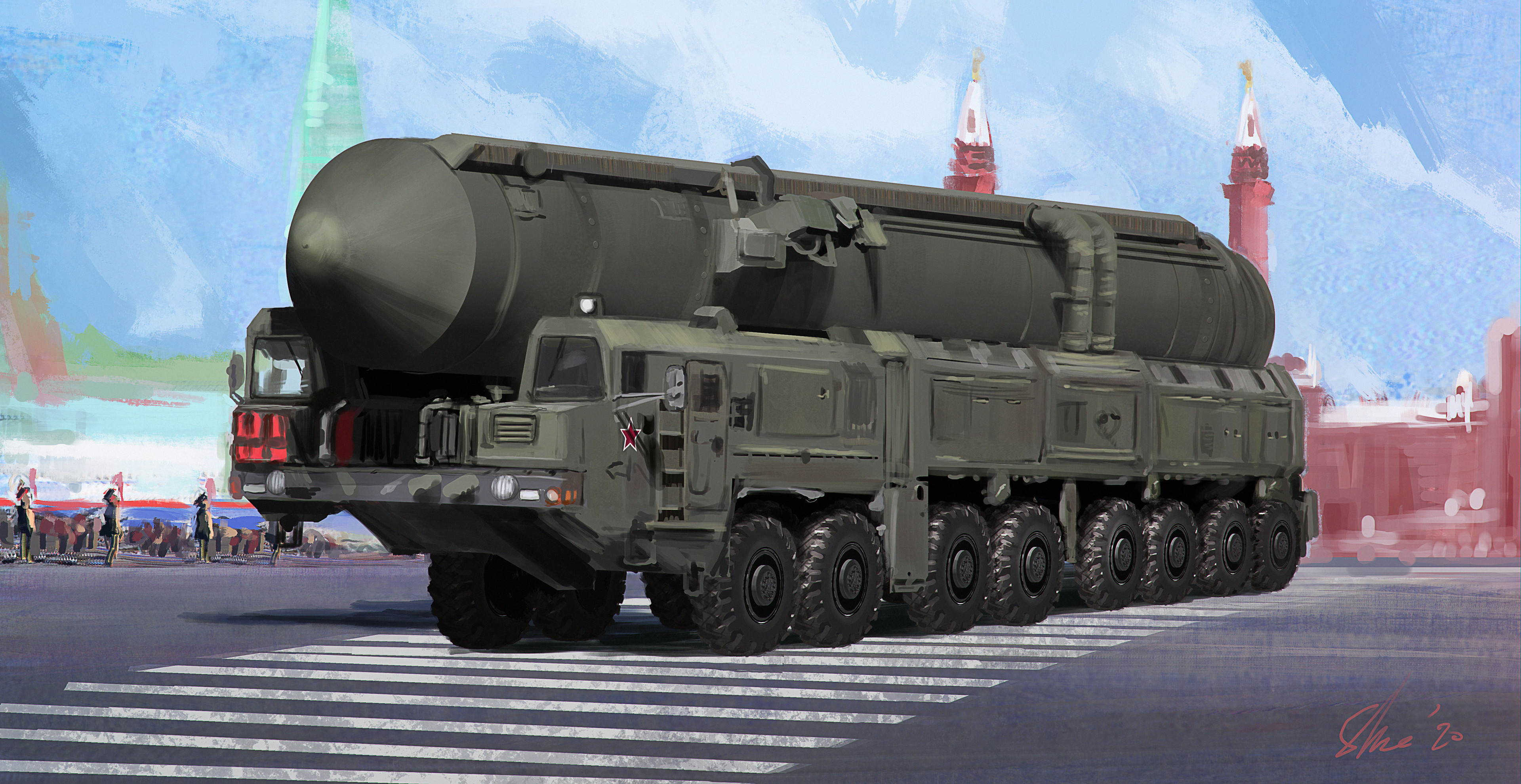 Military Digital Art Russian Army ArtStation Sebastien Hue Sarmat Red Square Moscow Missiles Rocket 3840x1982