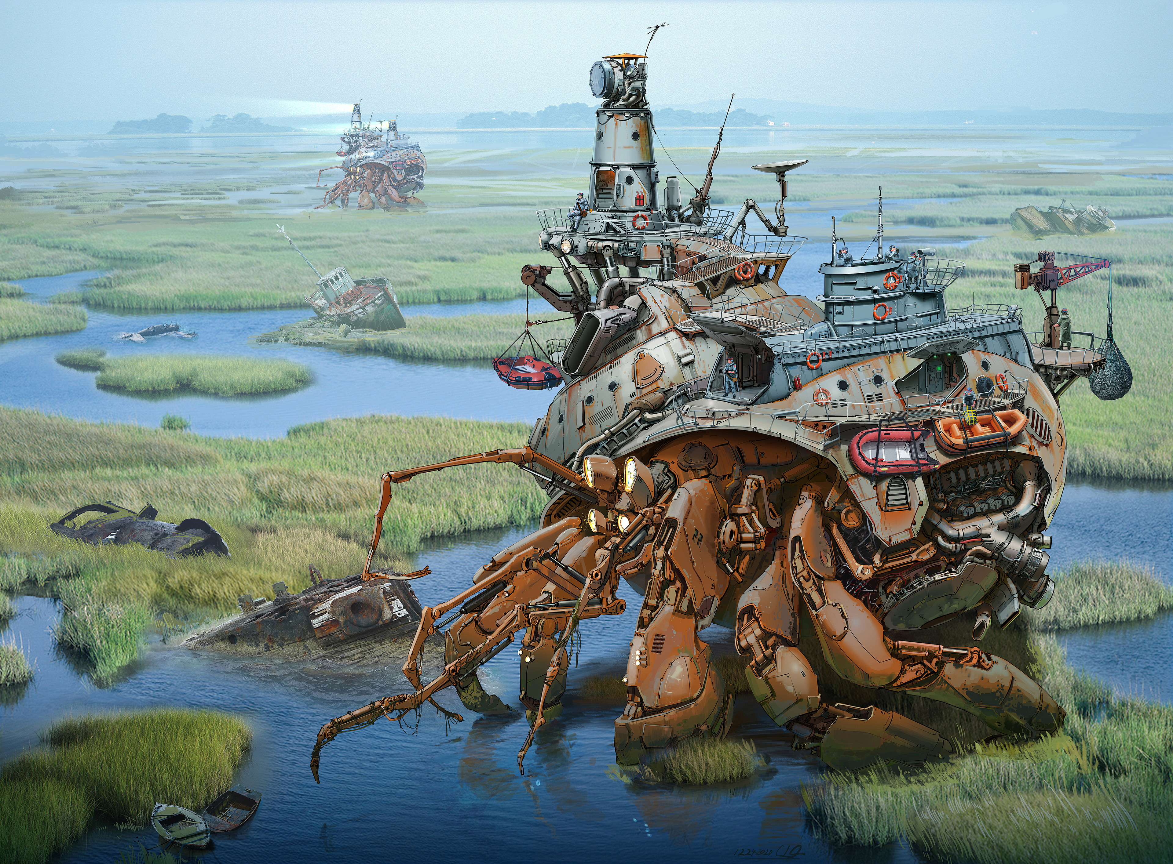 Digital Art Water Swamp Grass Hermit Crab Walker 3840x2830