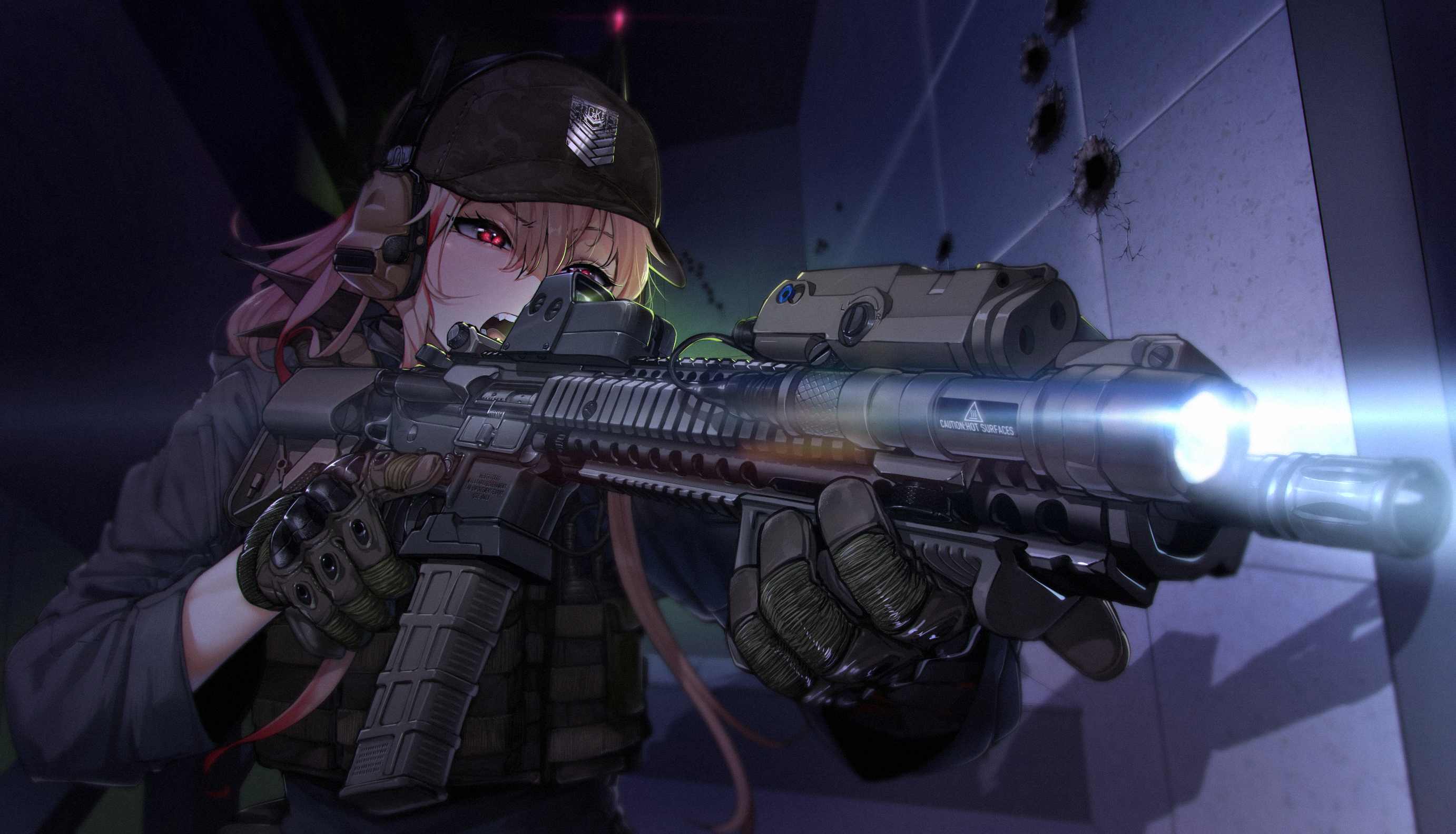 Anime Anime Girls Girls Frontline Black Rifle Gloves Hat Long Hair M4 Carbine Pink Hair Red Eyes Ope 2764x1583