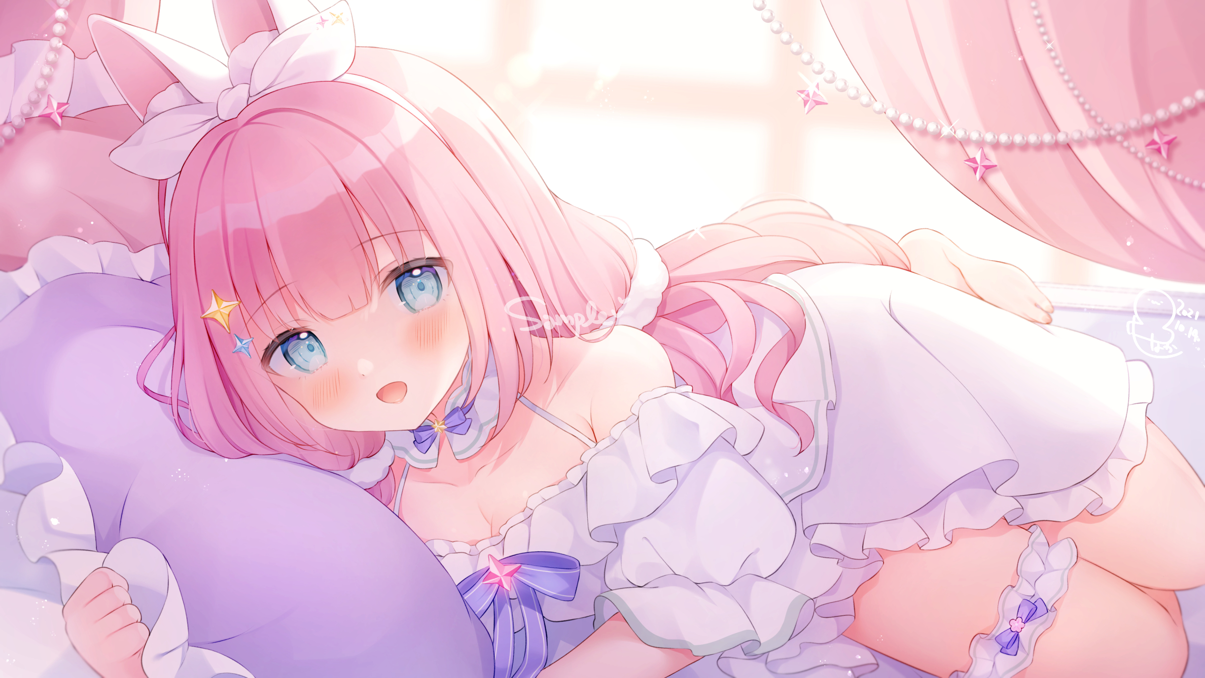 Anime Anime Girls Pink Hair Blue Eyes Blush In Bed Bunny Girl Dress 2444x1376