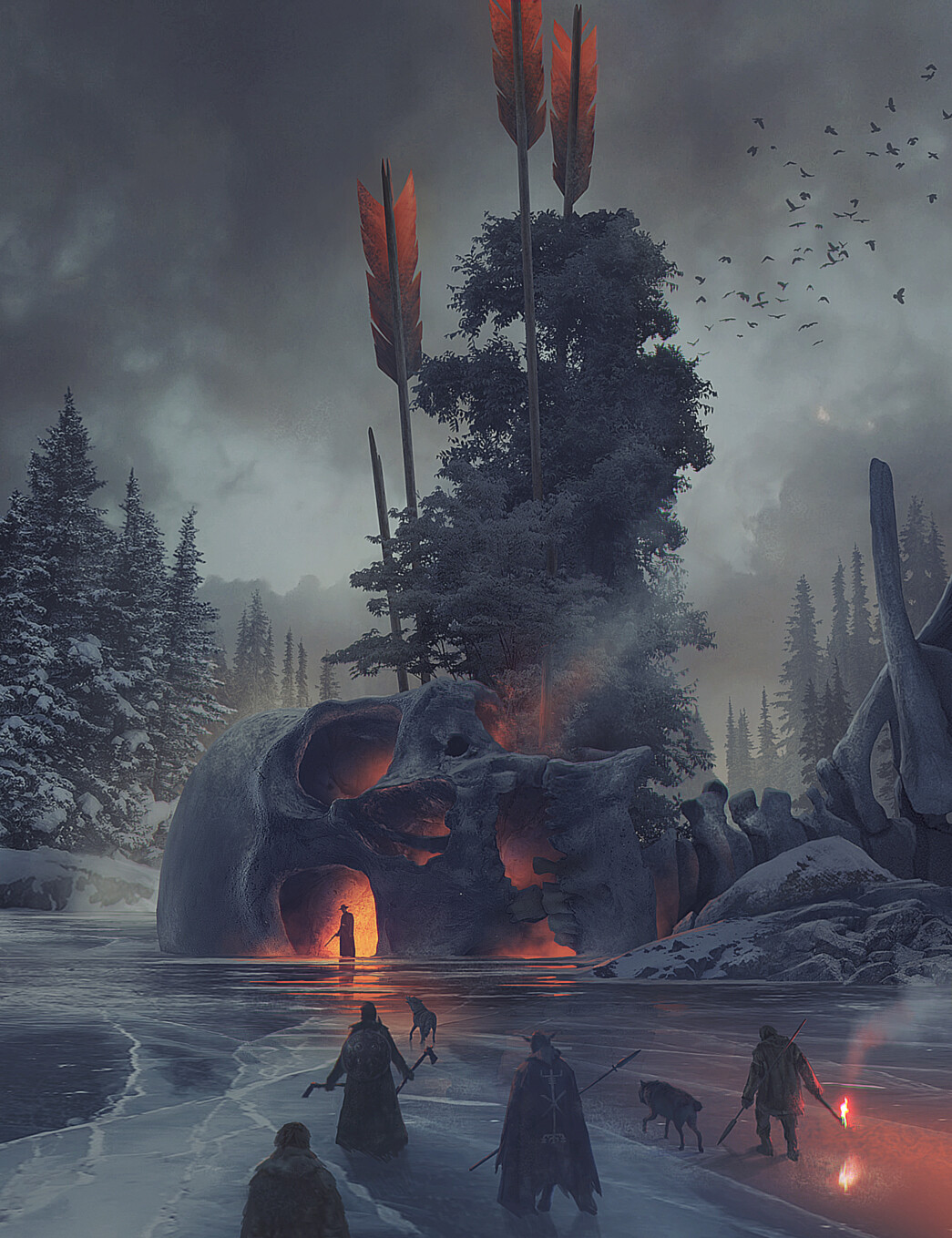 Digital Art Fantasy Art Alexey Egorov Skeleton Arrows Ice Frozen Lake Trees Snow Wolf 1045x1359