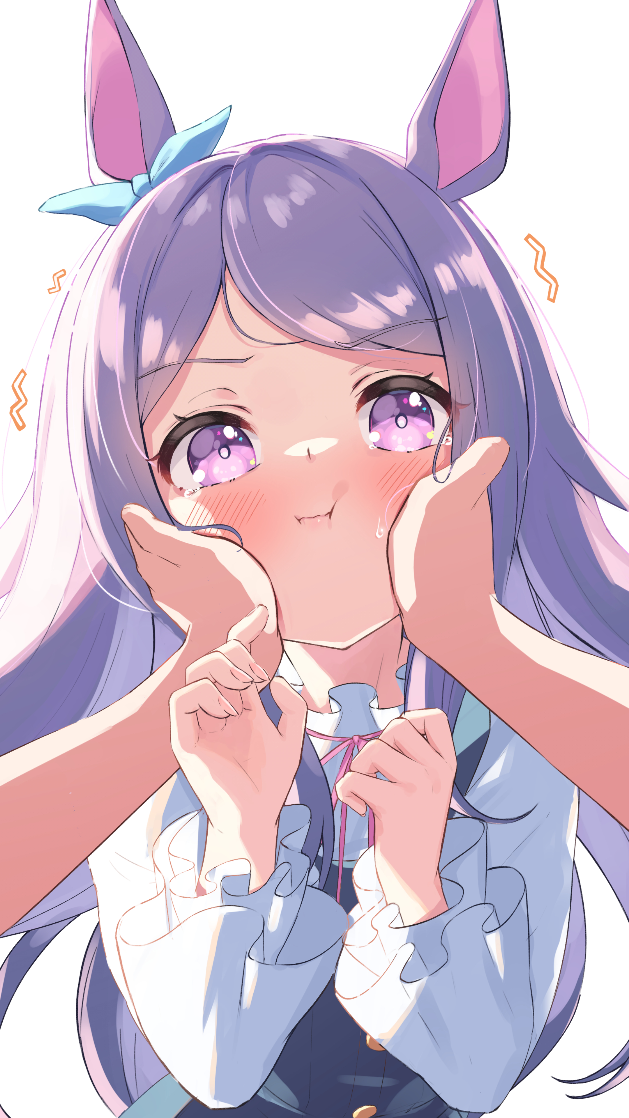 Uma Musume Pretty Derby Animal Ears Purple Eyes Hand On Face Crying Pink Nails Head Tilted White T S 2160x3840