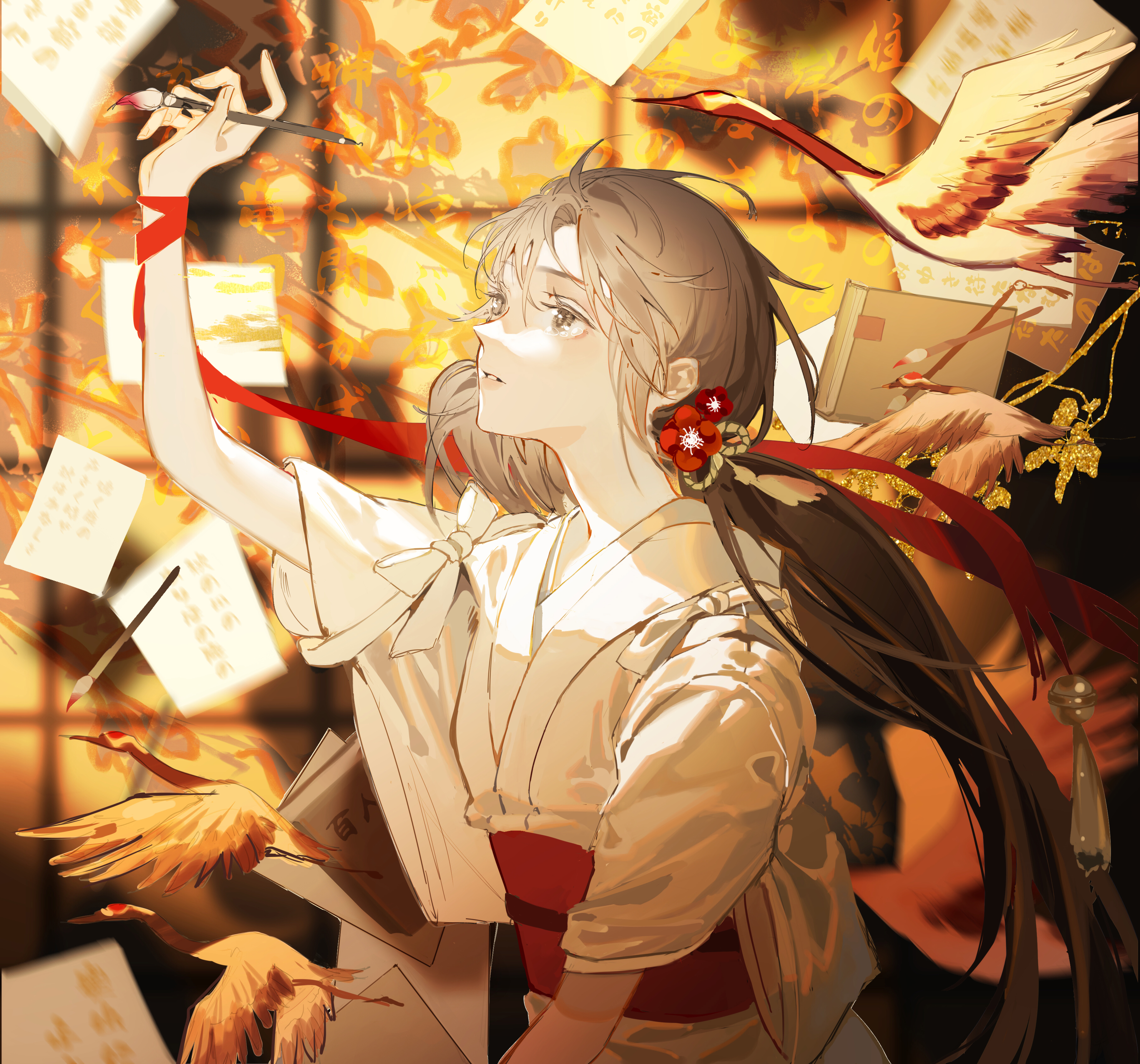 Syouko Anime Girls Illustration Kimono Long Hair Writing Brush Red Crowned Crane Tears Yukata 3630x3388