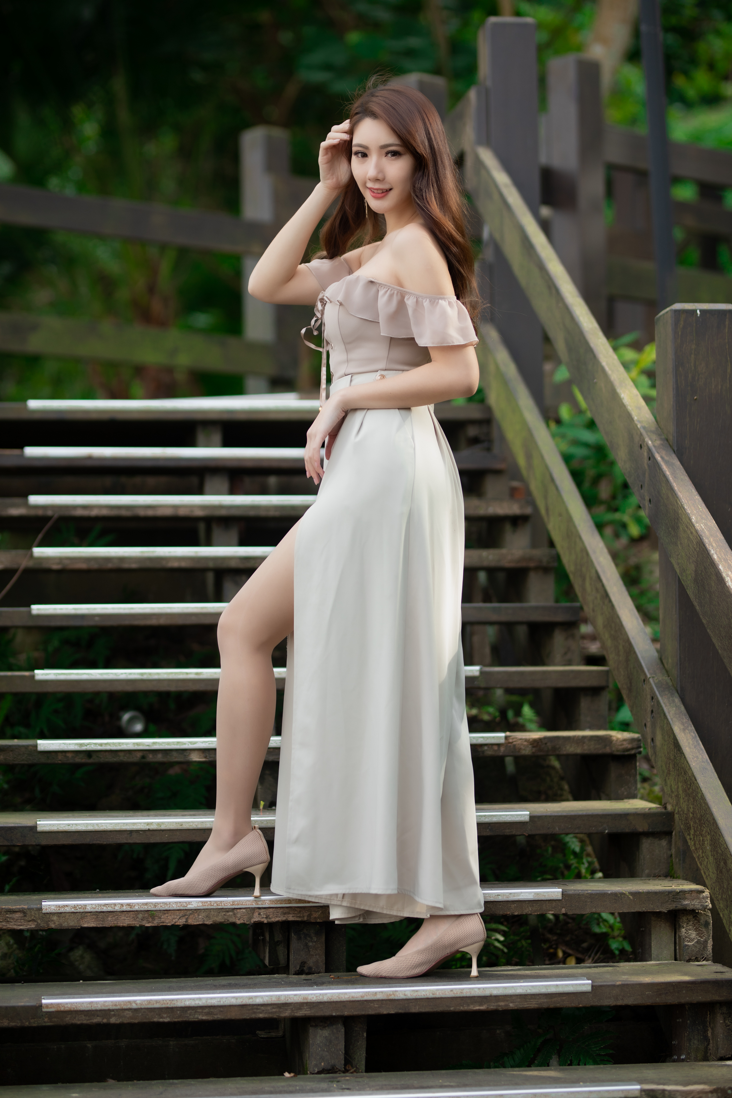 Dress Asian Model Women Long Hair Brunette Depth Of Field Bare Shoulders Bushes Stairs Nylons Women  2560x3840