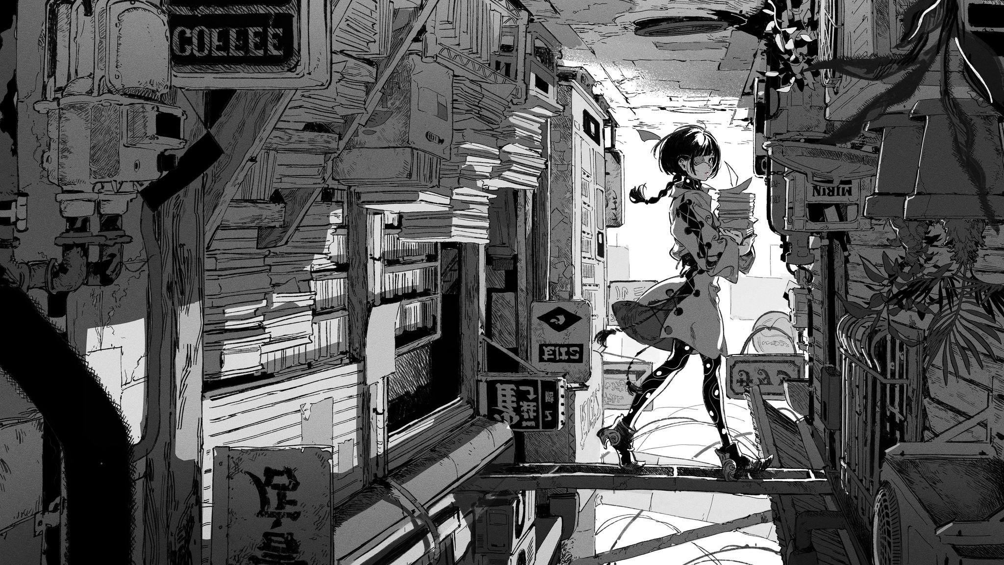 Anime Anime Girls Monochrome Manga Upside Down 2048x1152