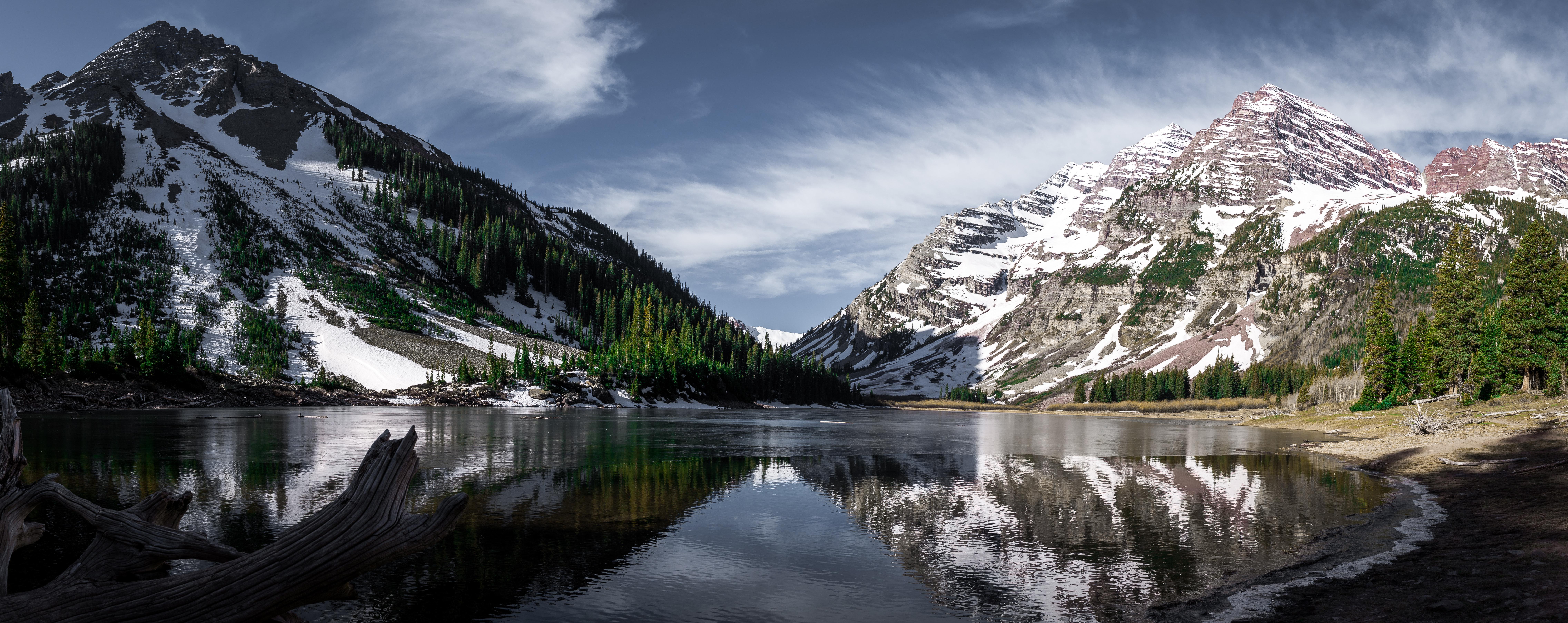 Landscape Lake Nature Snow Beach Trees Water Sky Clouds 9090x3614
