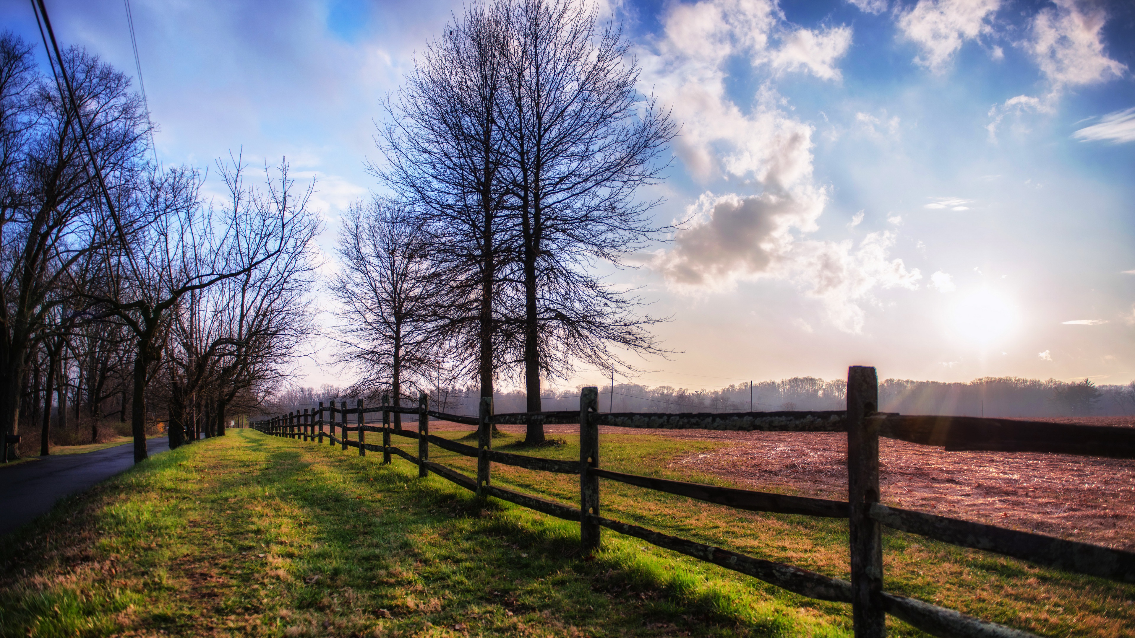 Outdoors Field Fence Trees Clouds Landscape Fall 3840x2160