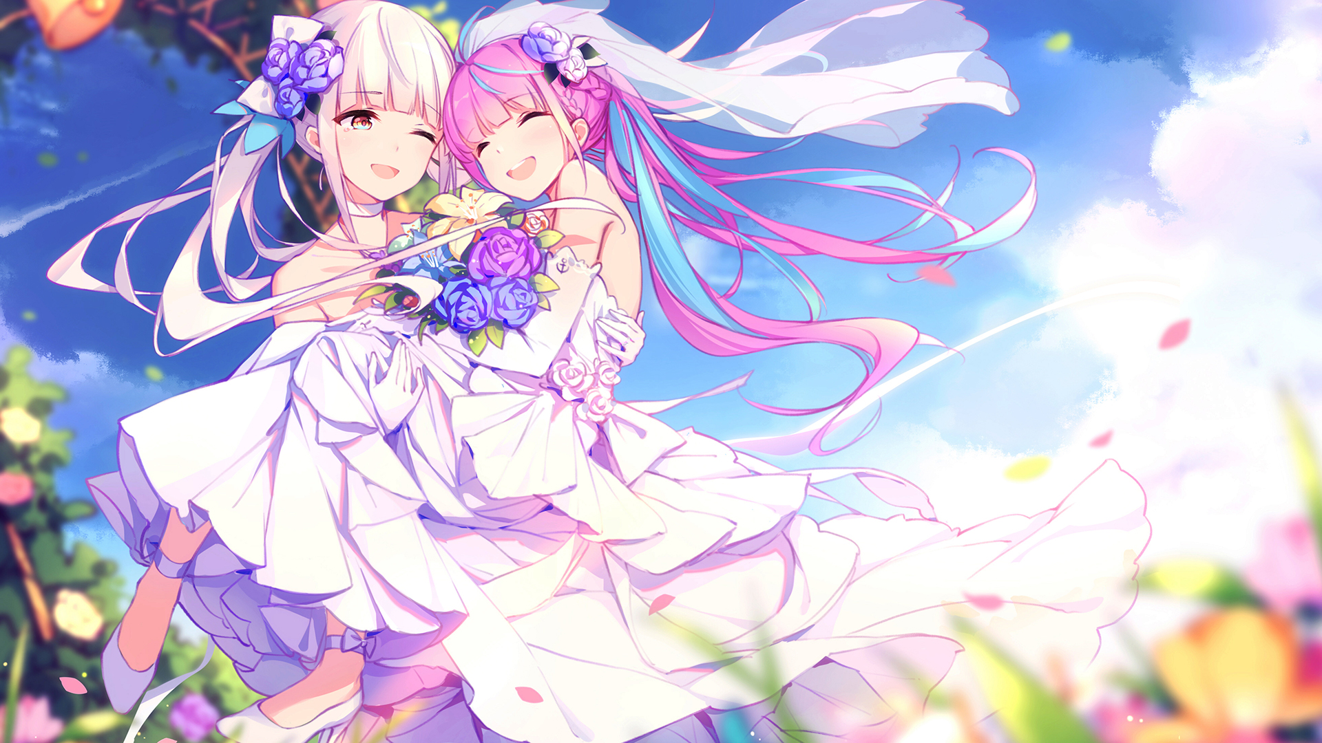 Anime Girls Anime Wedding Dress Closed Eyes Multi Colored Hair Flowers Hololive Virtual Youtuber Kag 1920x1080