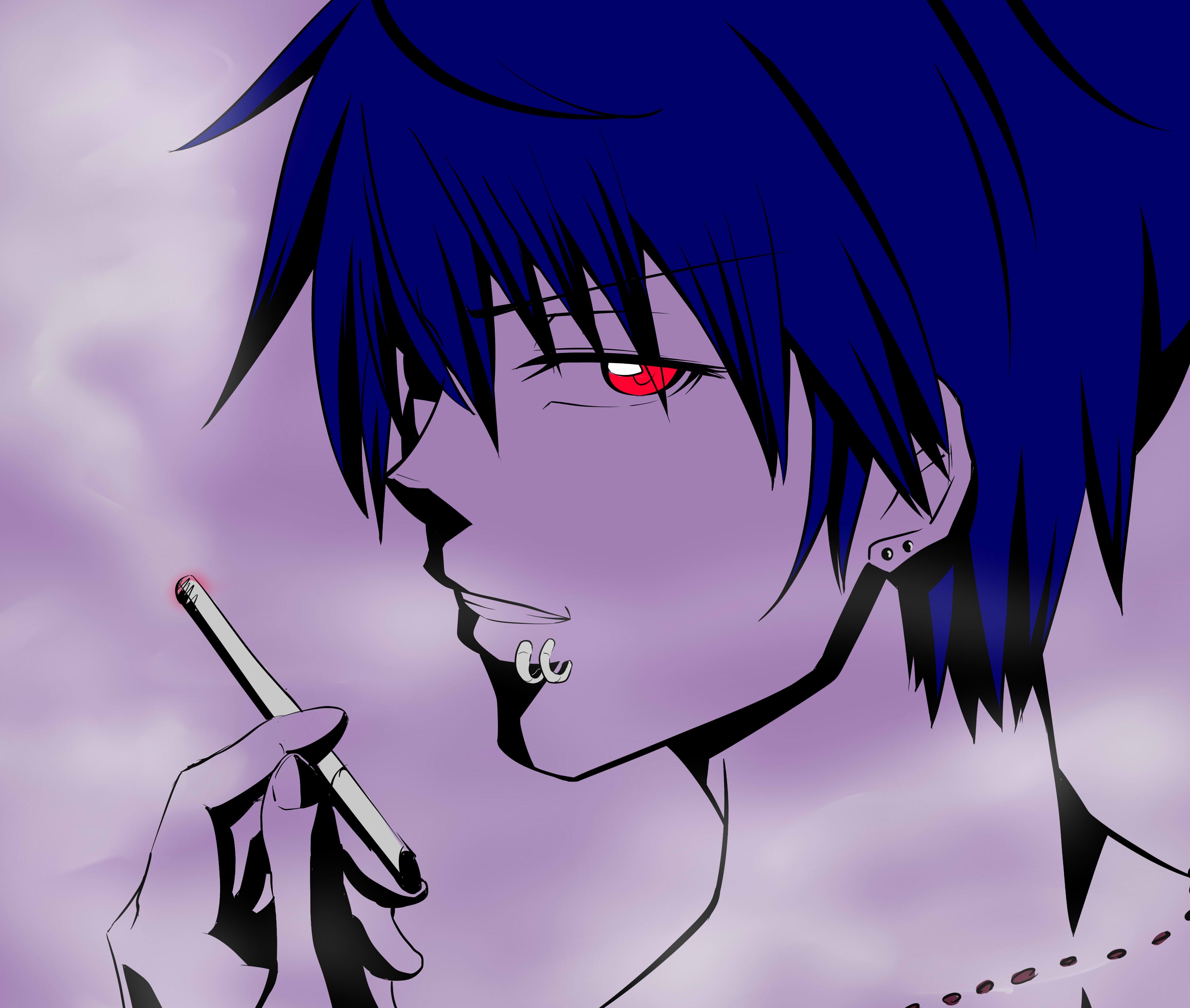 Blue Hair Boy Cigarette Red Eyes Smoking 3504x2968