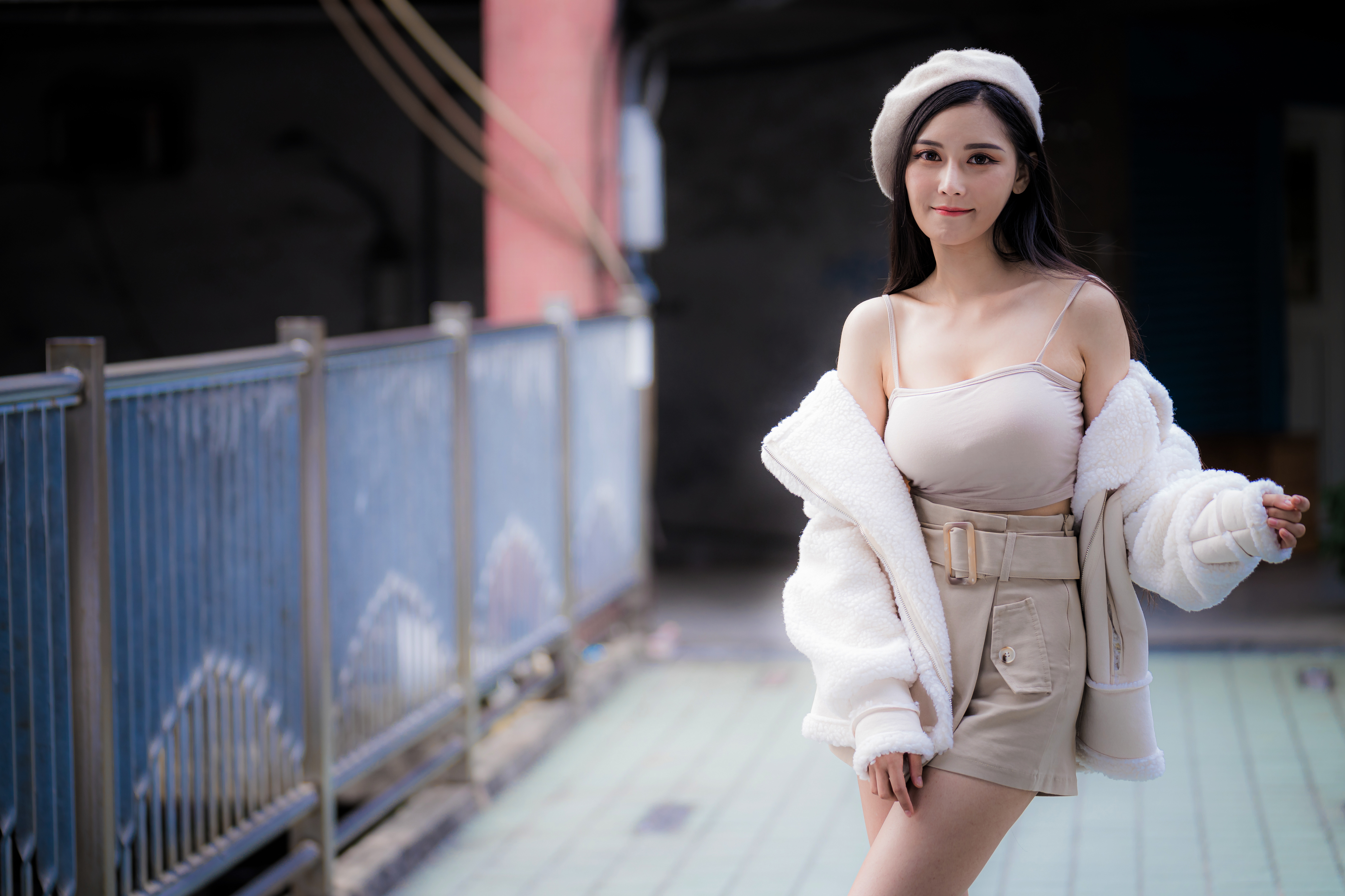 Asian Model Women Women Outdoors Long Hair Dark Hair Depth Of Field Column Railings Jacket Skirt Sho 4562x3041