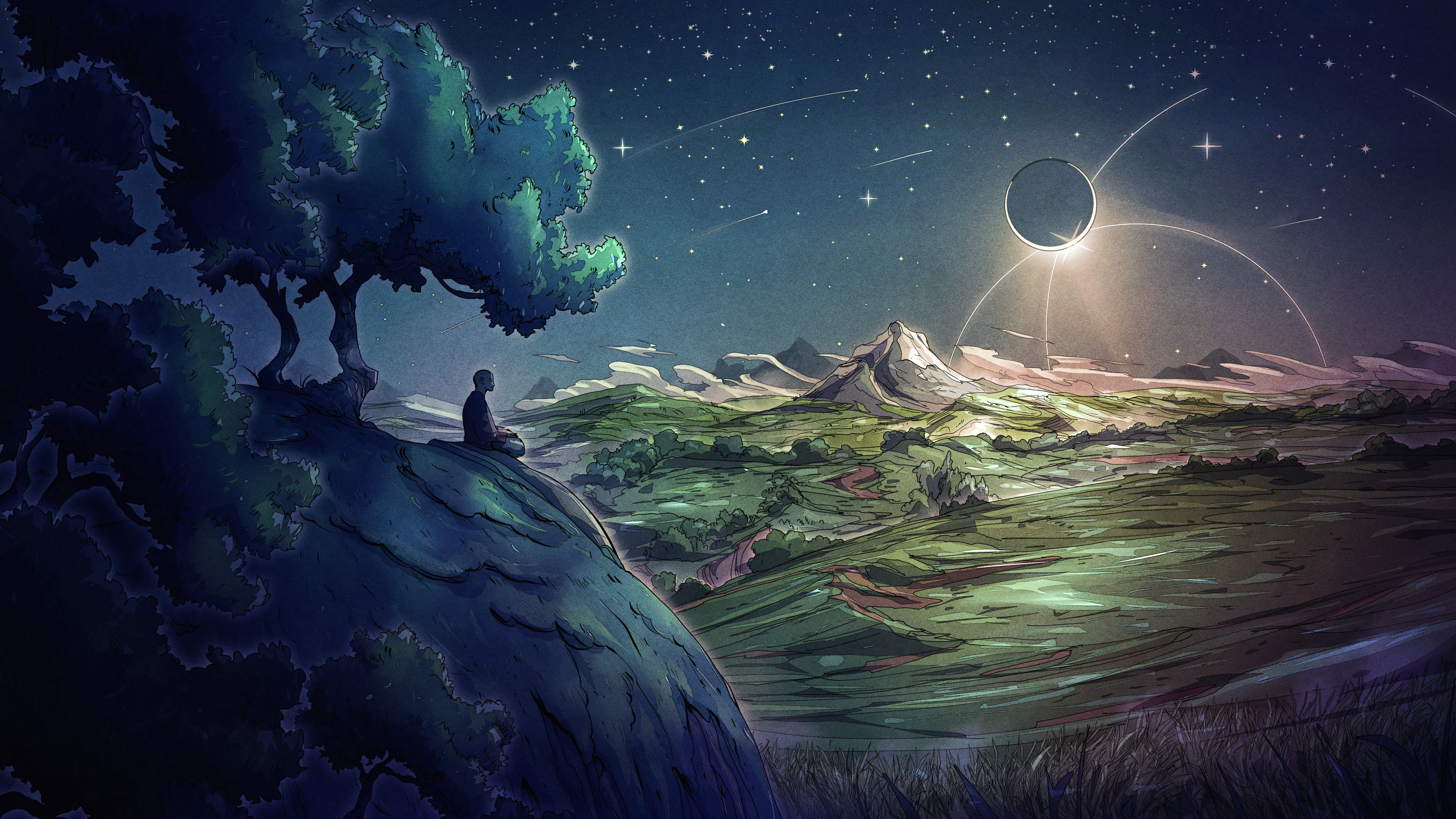 Christian Benavides Digital Art Fantasy Art Clouds Hills Grass Stars Night Mountains Eclipse Moon Me 3840x2160