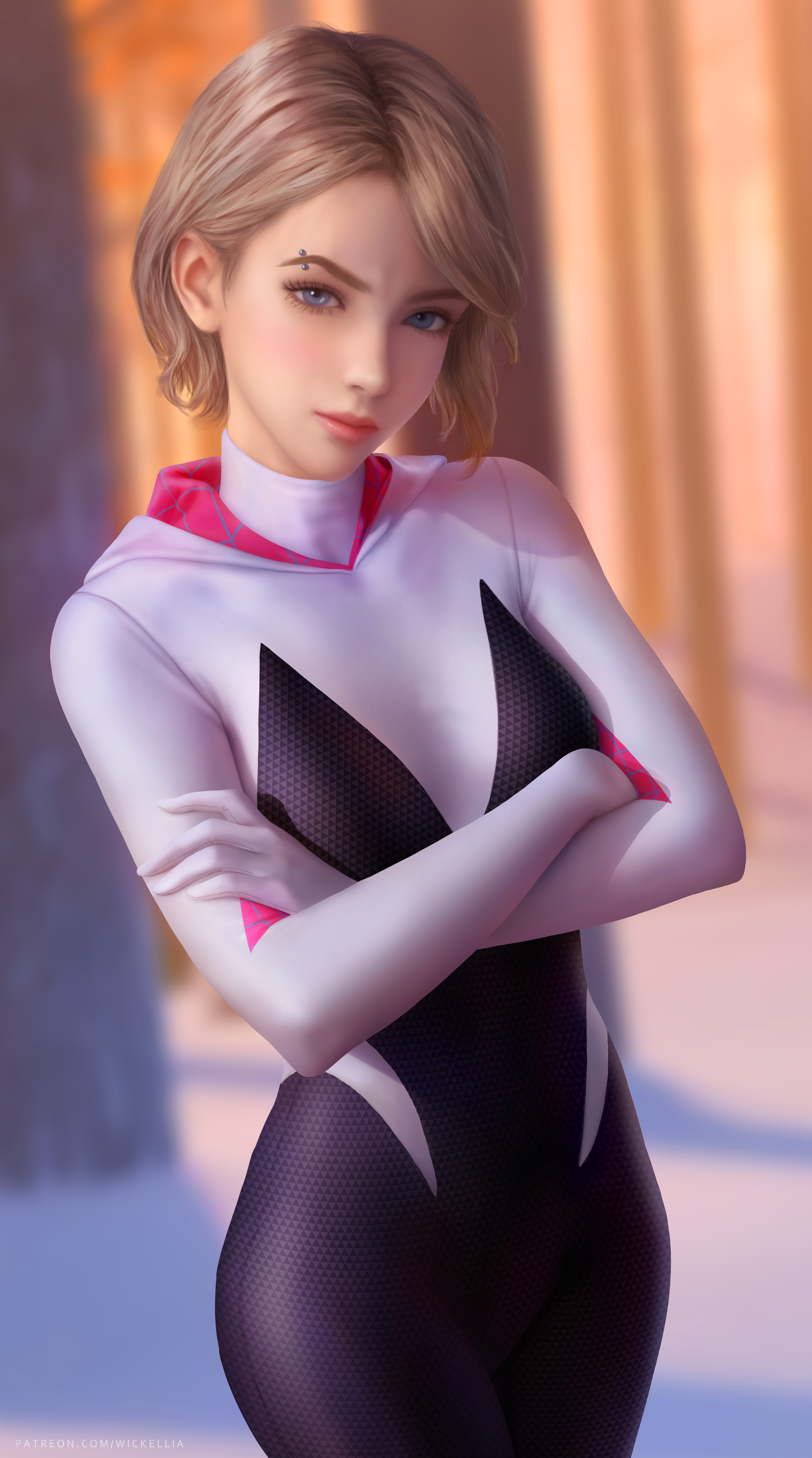 Gwen Stacy Spider Gwen Marvel Comics Costumes Superheroines Arms Crossed Blonde Pierced Eyebrow 2D A 3900x7000