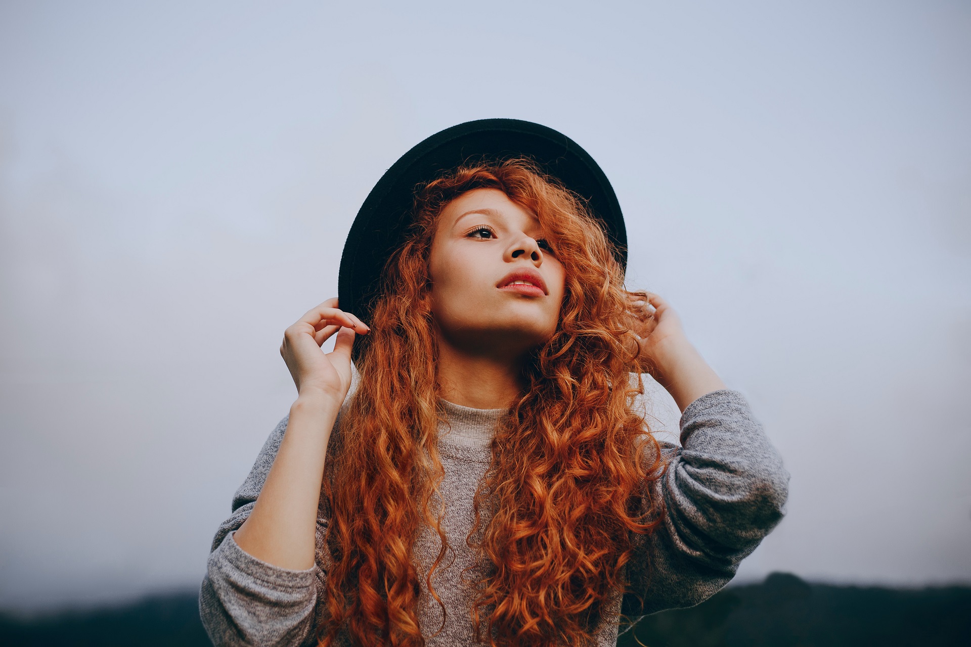 Women Redhead Curly Hair Hat Long Hair Sweater 1920x1280