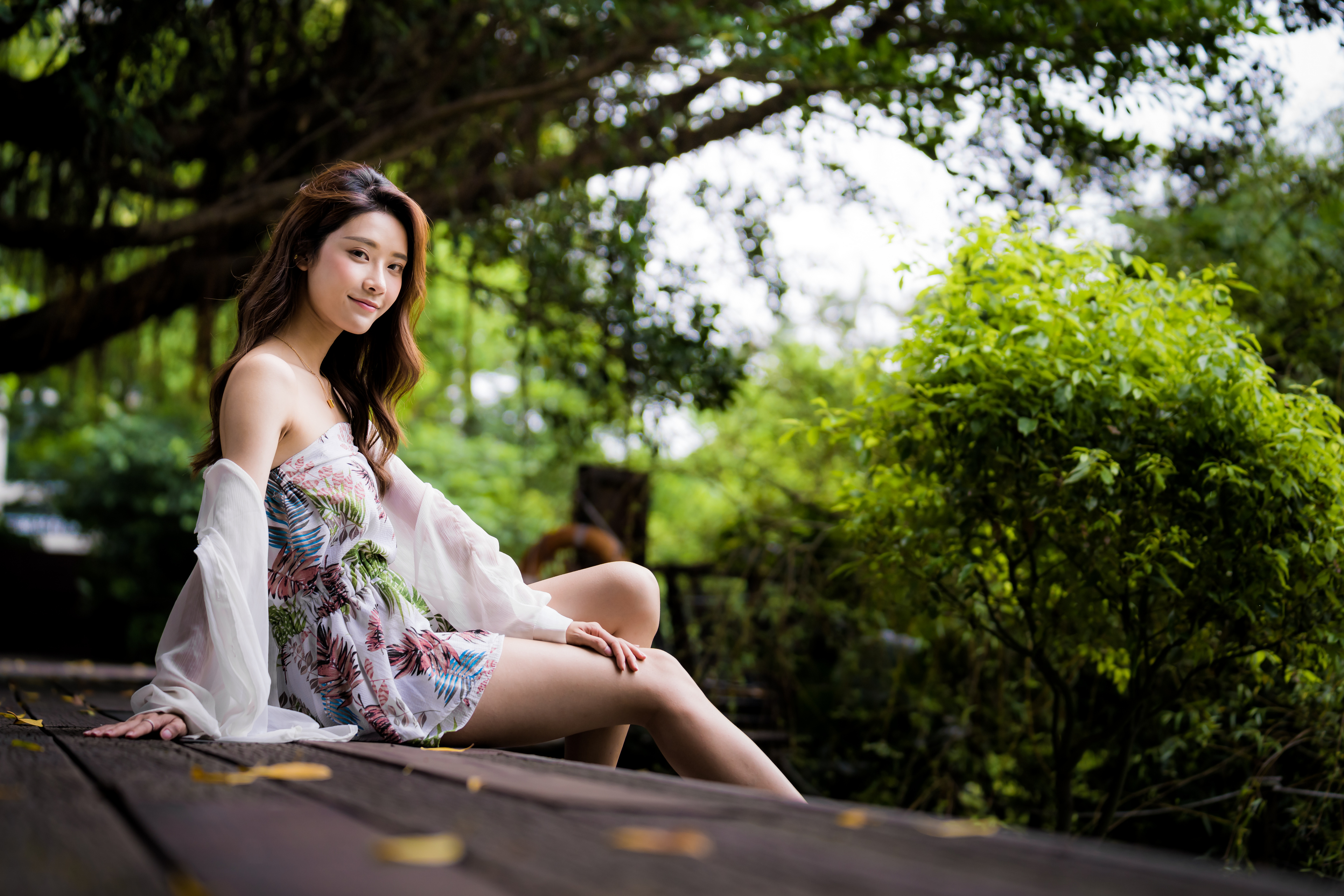 Asian Model Women Women Outdoors Dark Hair Long Hair Depth Of Field Trees Bushes Sitting Bare Should 3840x2560