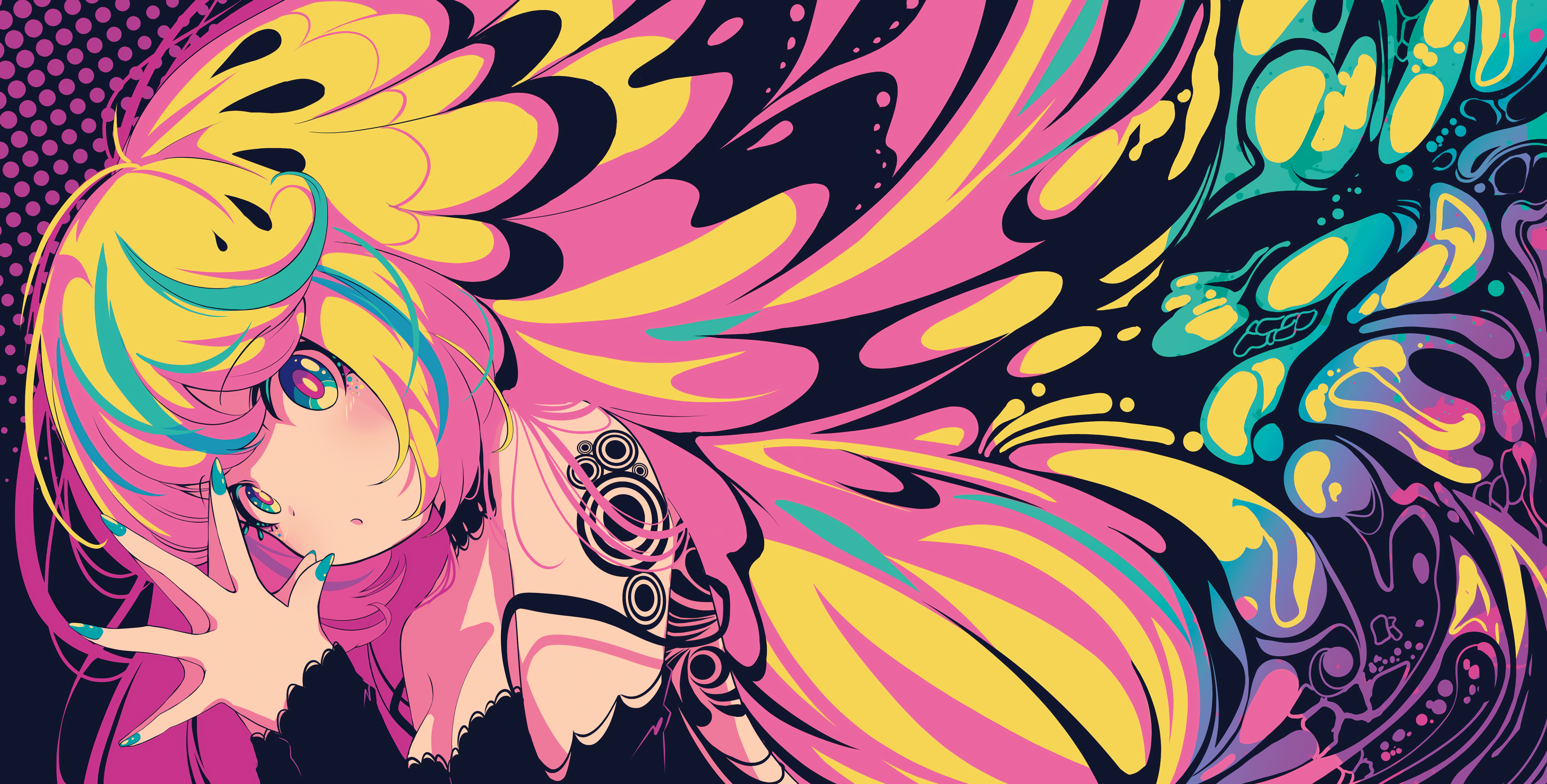 Anime Girls Trippy Psychedelic Surreal Colorful Pink Tattoo 9860x5000