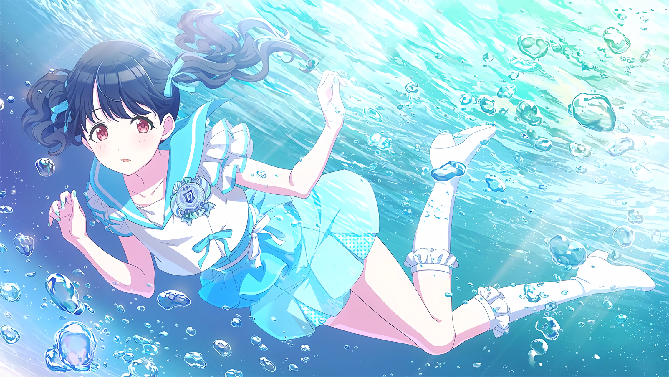 Anime Girls THE IDOLM STER Koito Fukumaru Tomari Dress Red Eyes Black Hair Underwater 2272x1280