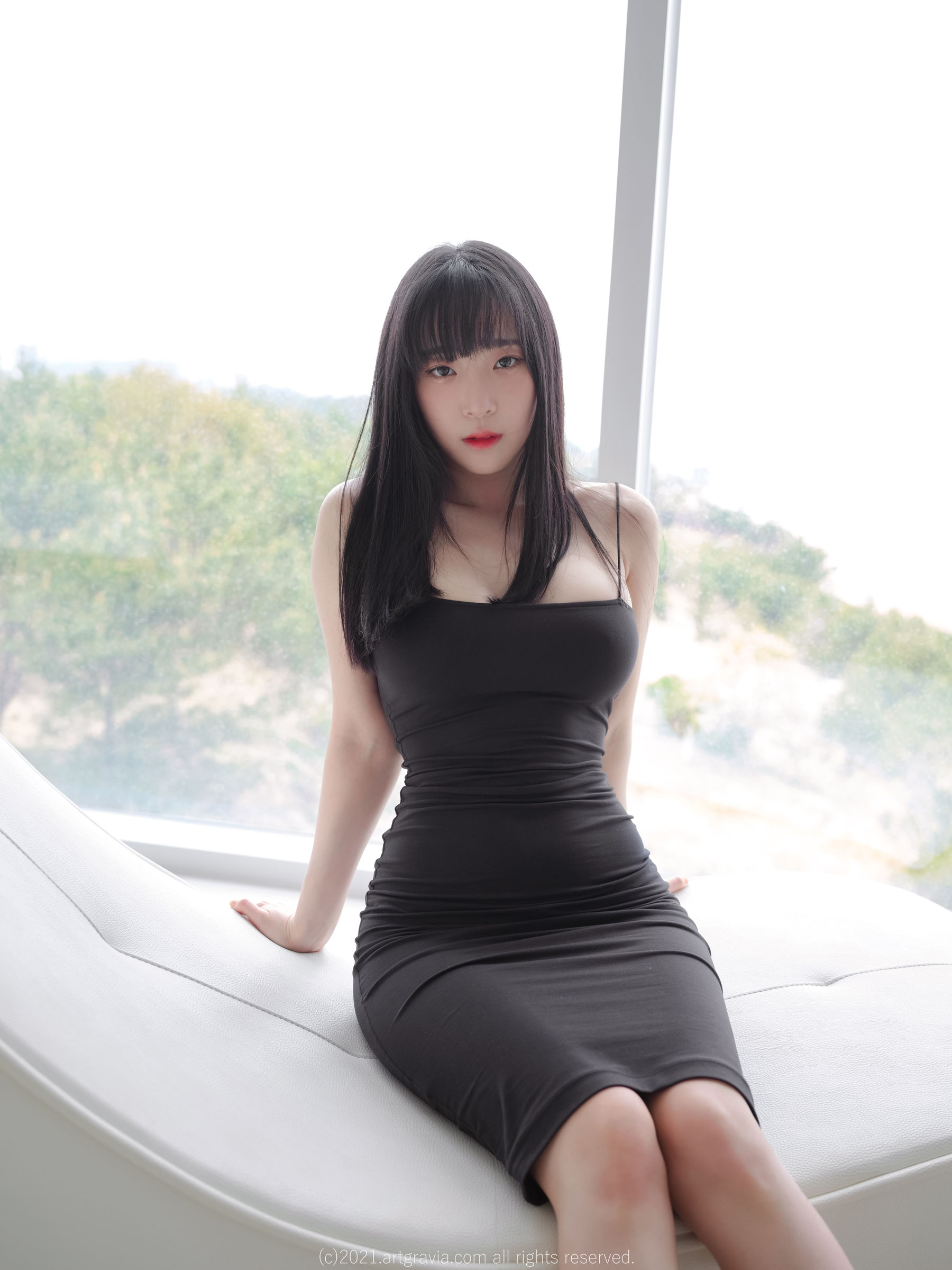 Women Brunette Model Black Dress Dress Window Sill Asian 1800x2400