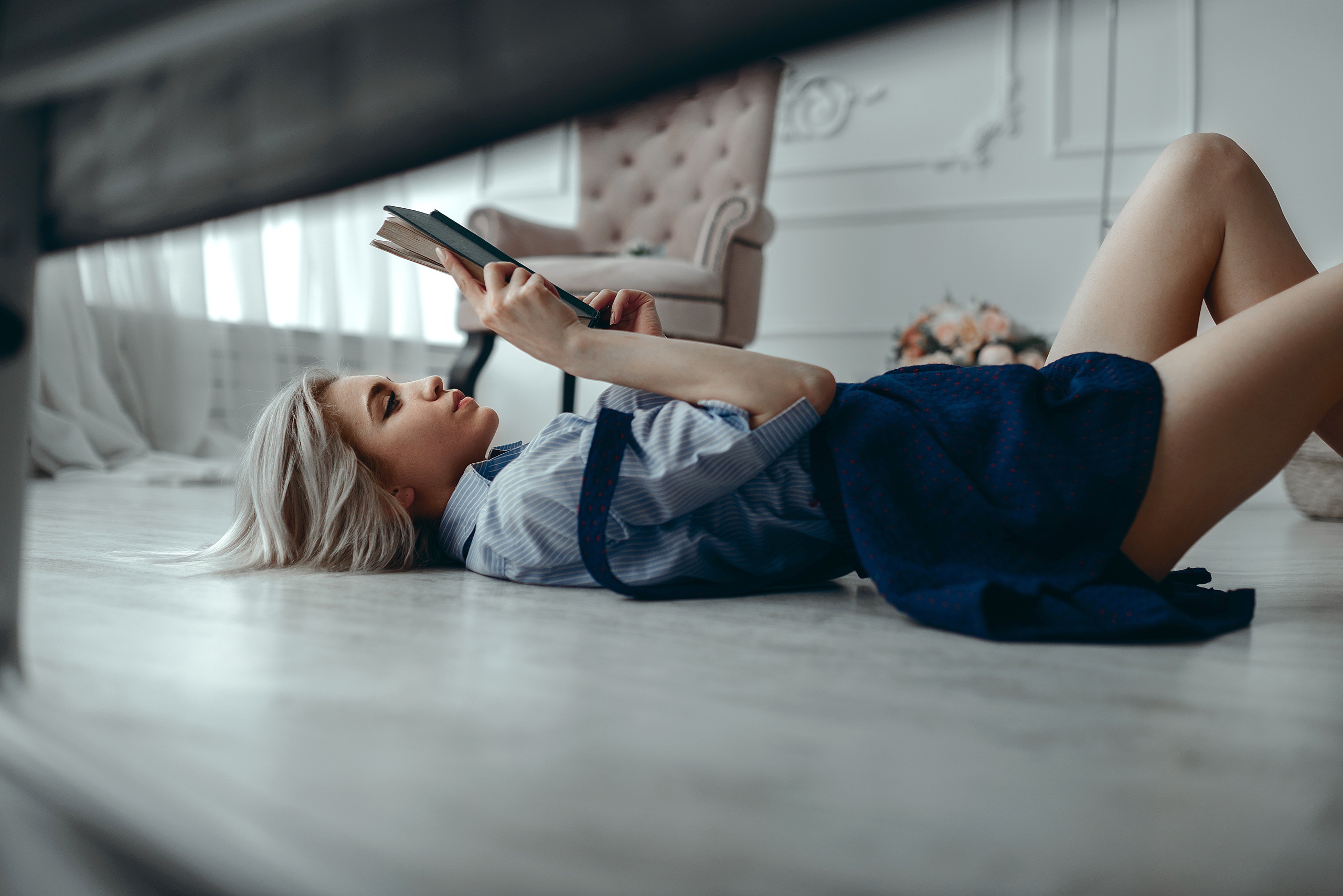 Women Model Red Lipstick Lying Down Blue Shirt Blue Skirt Blonde Legs Reading School Uniform Indoors 2560x1708