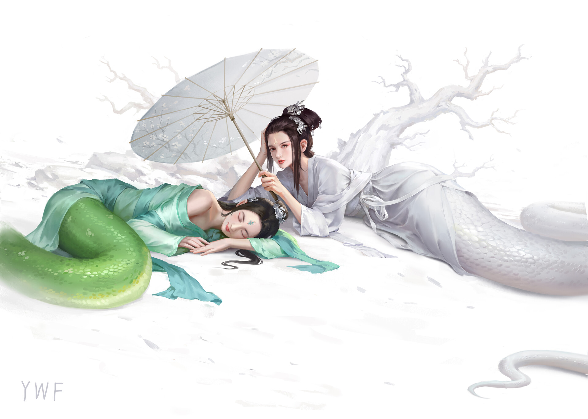 Artwork Women Asian Monster Girl Lamia Sleeping Two Women 1920x1366