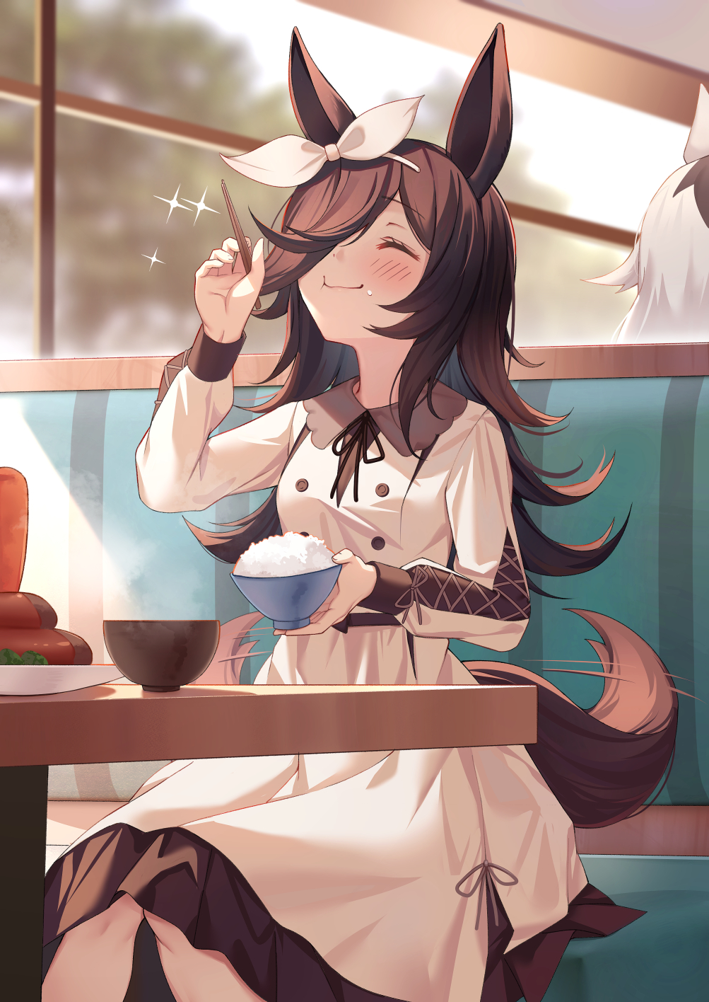 Uma Musume Pretty Derby Animal Ears White Dress Tail Brunette Hair Ribbon Food On Face Rice Bicolore 1003x1416