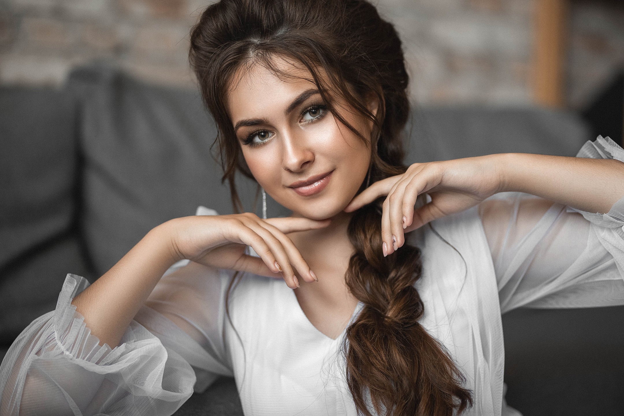 Vladimir Vasilev Women Brunette Looking At Viewer Smiling Braids Portrait Makeup White Clothing Dept 2160x1440