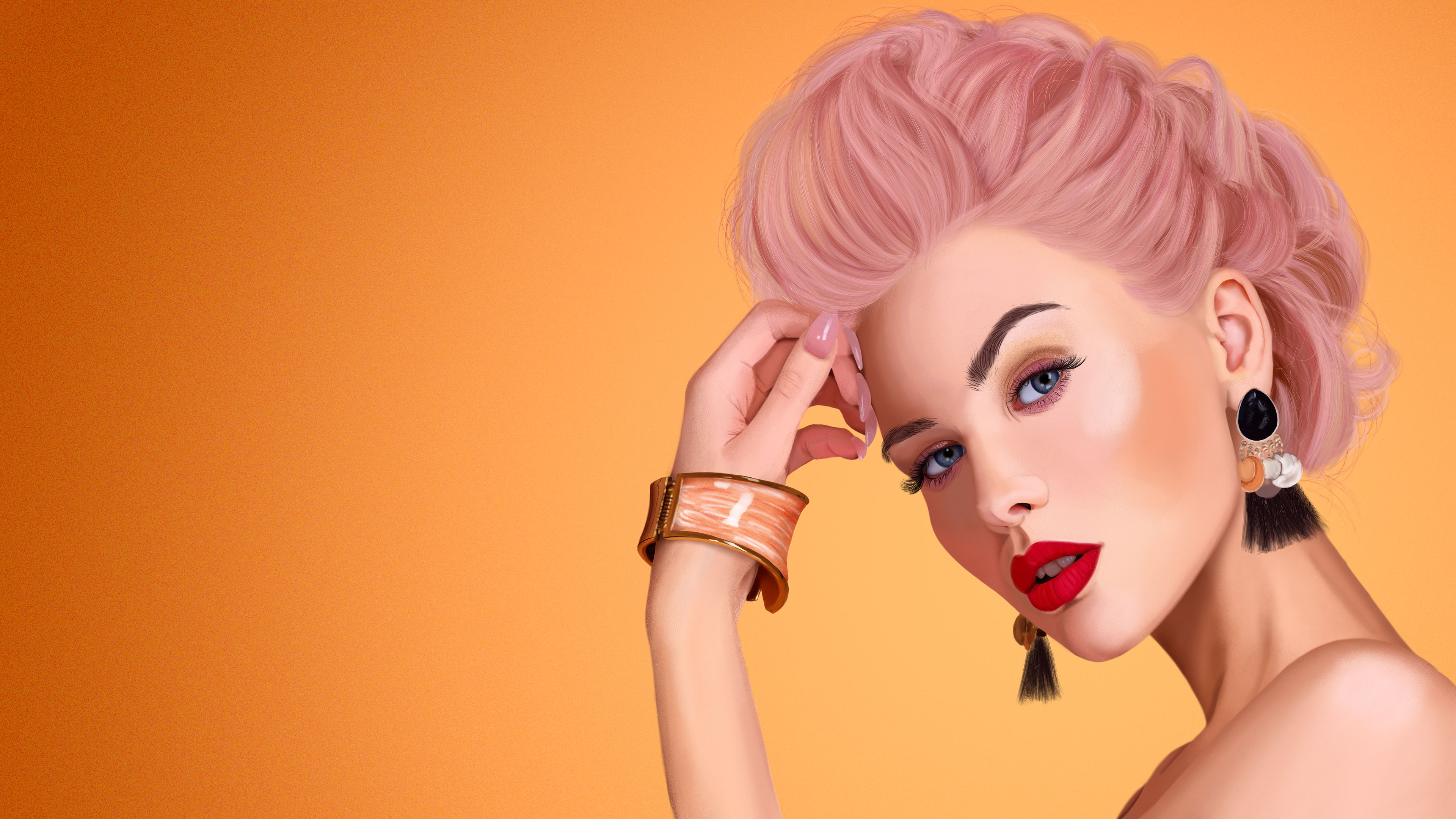 Digital Art Women Pink Hair Red Lipstick 3840x2160