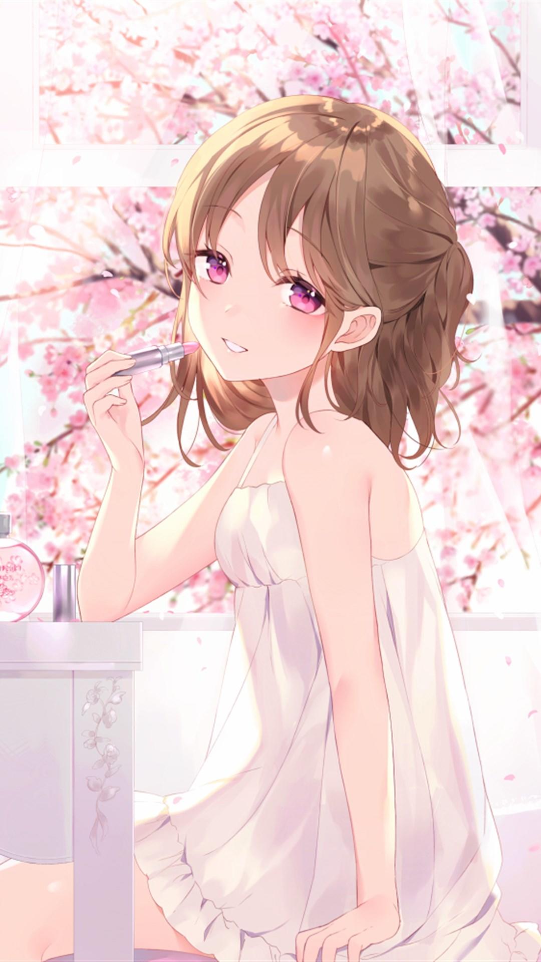 Anime Girls Achiki Artwork Cherry Blossom Brunette Violet Eyes 1080x1920