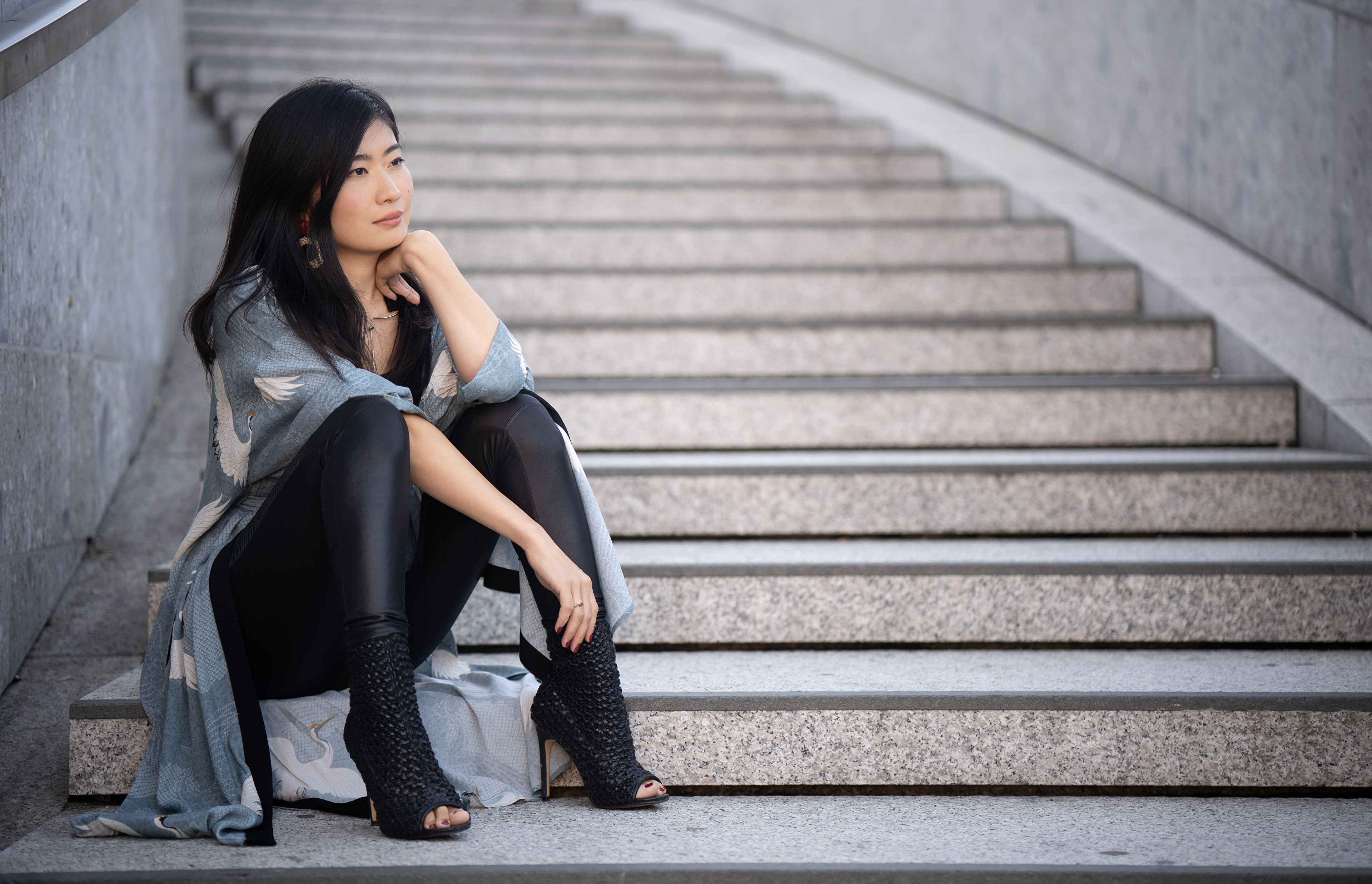 Asian Model Women Long Hair Dark Hair Stairs Sitting Wool Jacket Black Pants Black Shirt Depth Of Fi 3840x2476